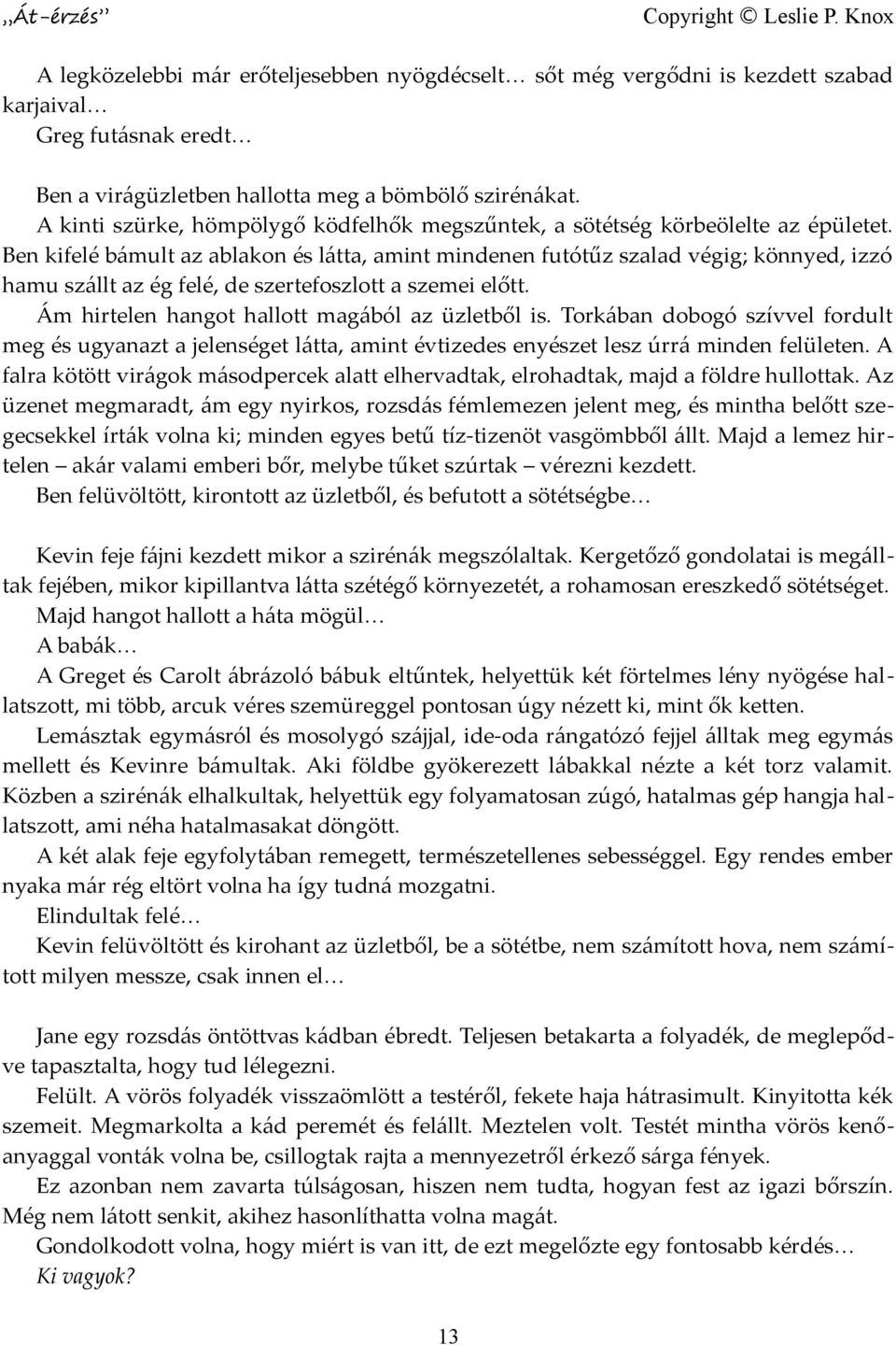 Ben kifelé bámult az ablakon és látta, amint mindenen futótűz szalad végig; könnyed, izzó hamu szállt az ég felé, de szertefoszlott a szemei előtt. Ám hirtelen hangot hallott magából az üzletből is.