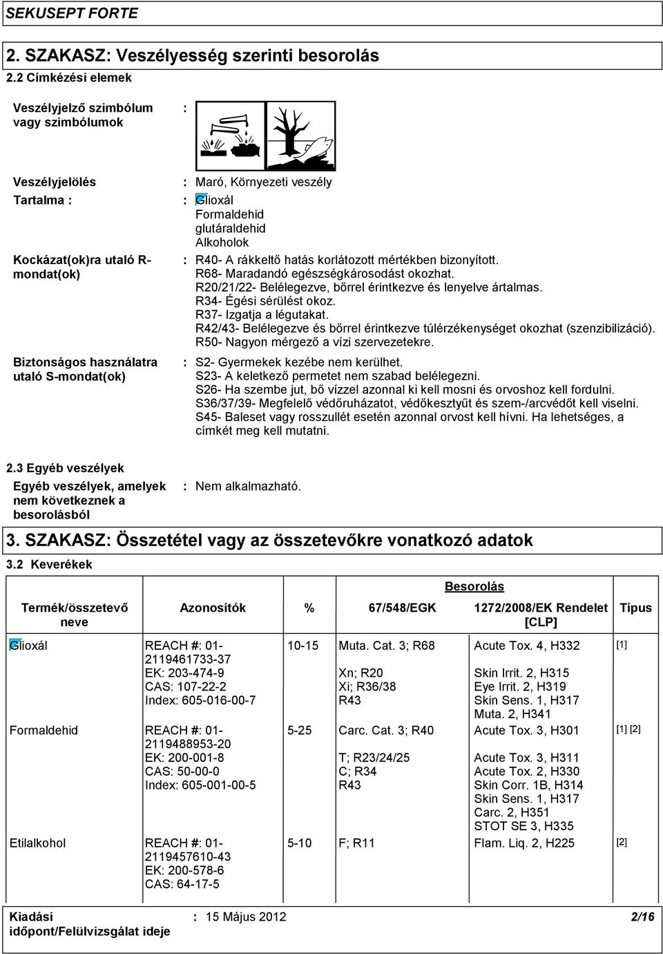 Formaldehid glutáraldehid Alkoholok R40- A rákkeltő hatás korlátozott mértékben bizonyított. R68- Maradandó egészségkárosodást okozhat. R20/21/22- Belélegezve, bőrrel érintkezve és lenyelve ártalmas.