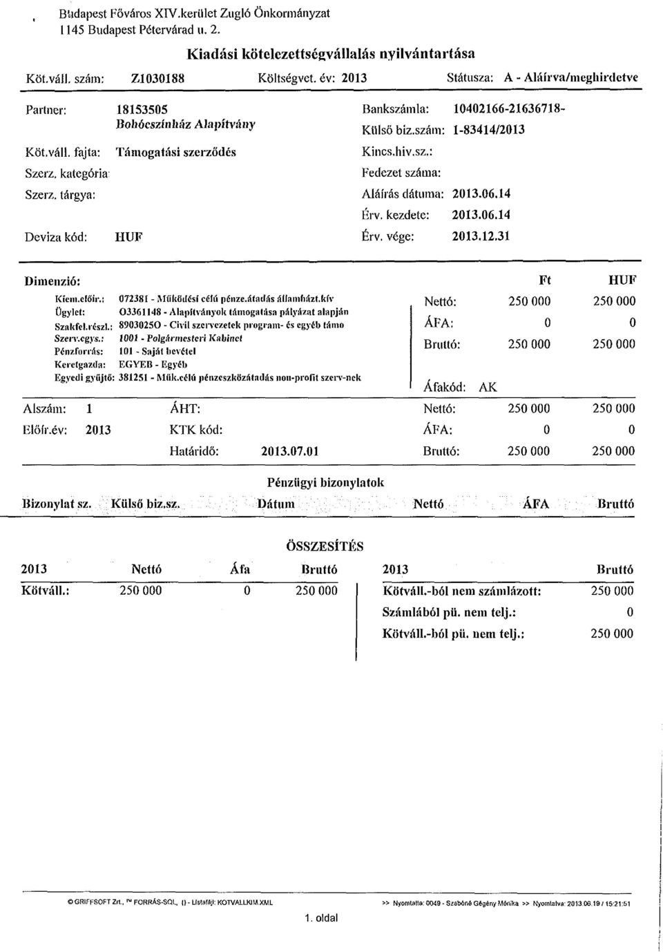 tárgya: Deviza kód: Támogatási szerződés HUF Bankszámla: 10402166-21636718- KUlsőbiz.szám: 1-83414/2013 Kincs.hiv.sz.: Fedezet száma: Aláírás dátuma: 2013.06.14 Érv. kezdete: 2013.06.14 Érv. vége: 2013.