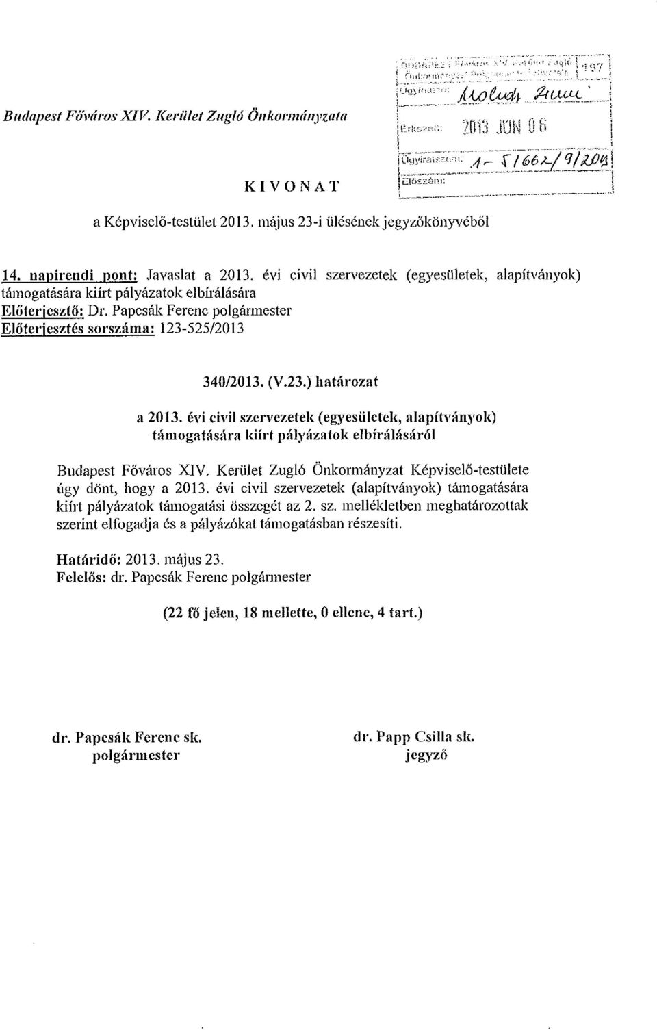 Papcsák Ferenc polgármester Előterjesztés sorszáma: 123-525/2013 340/2013. (V.23.) határozat a 2013.