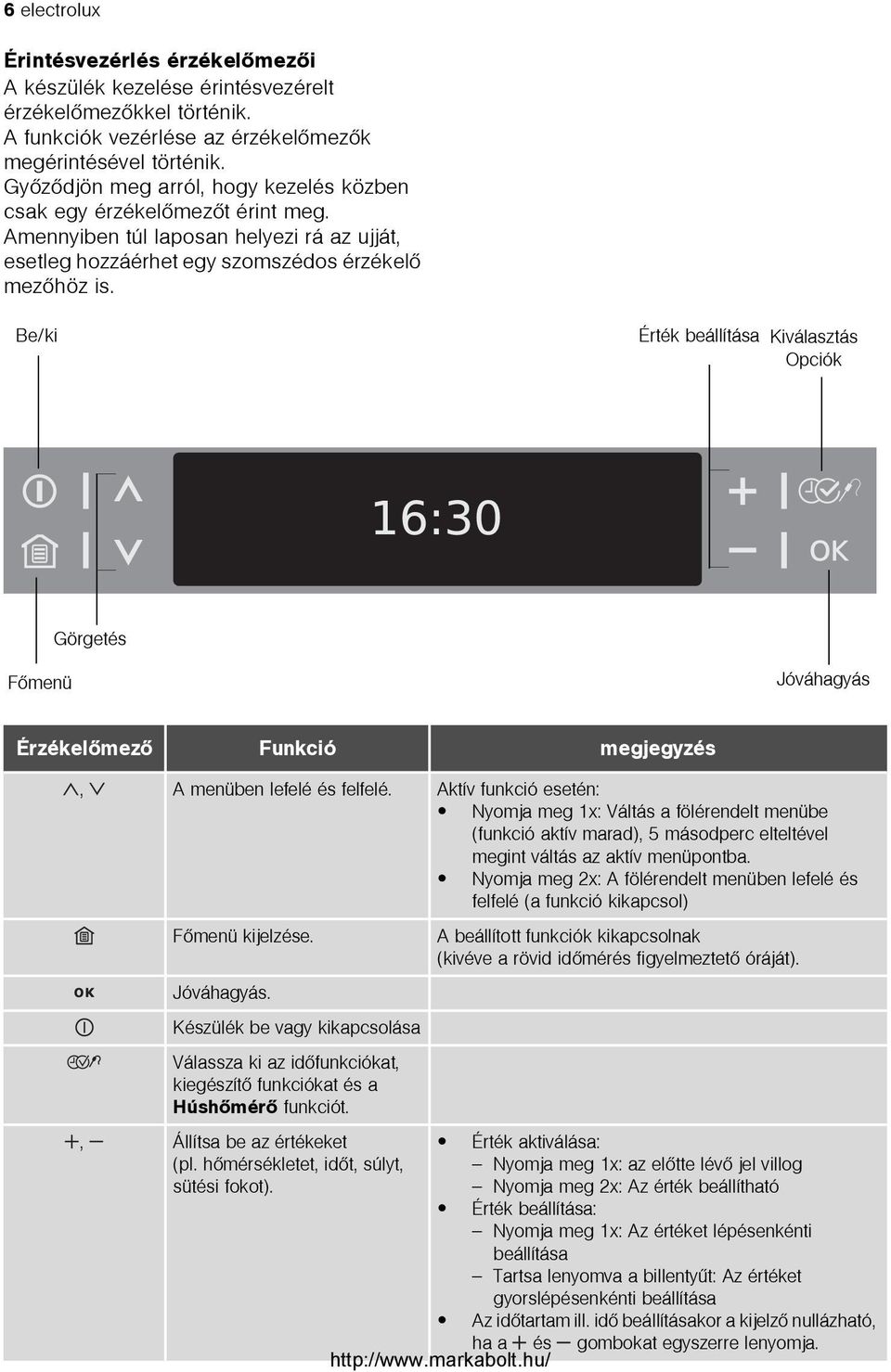 Be/ki Érték beállítása Kiválasztás Opciók Fõmenü Görgetés Jóváhagyás Érzékelõmezõ Funkció megjegyzés, A menüben lefelé és felfelé.