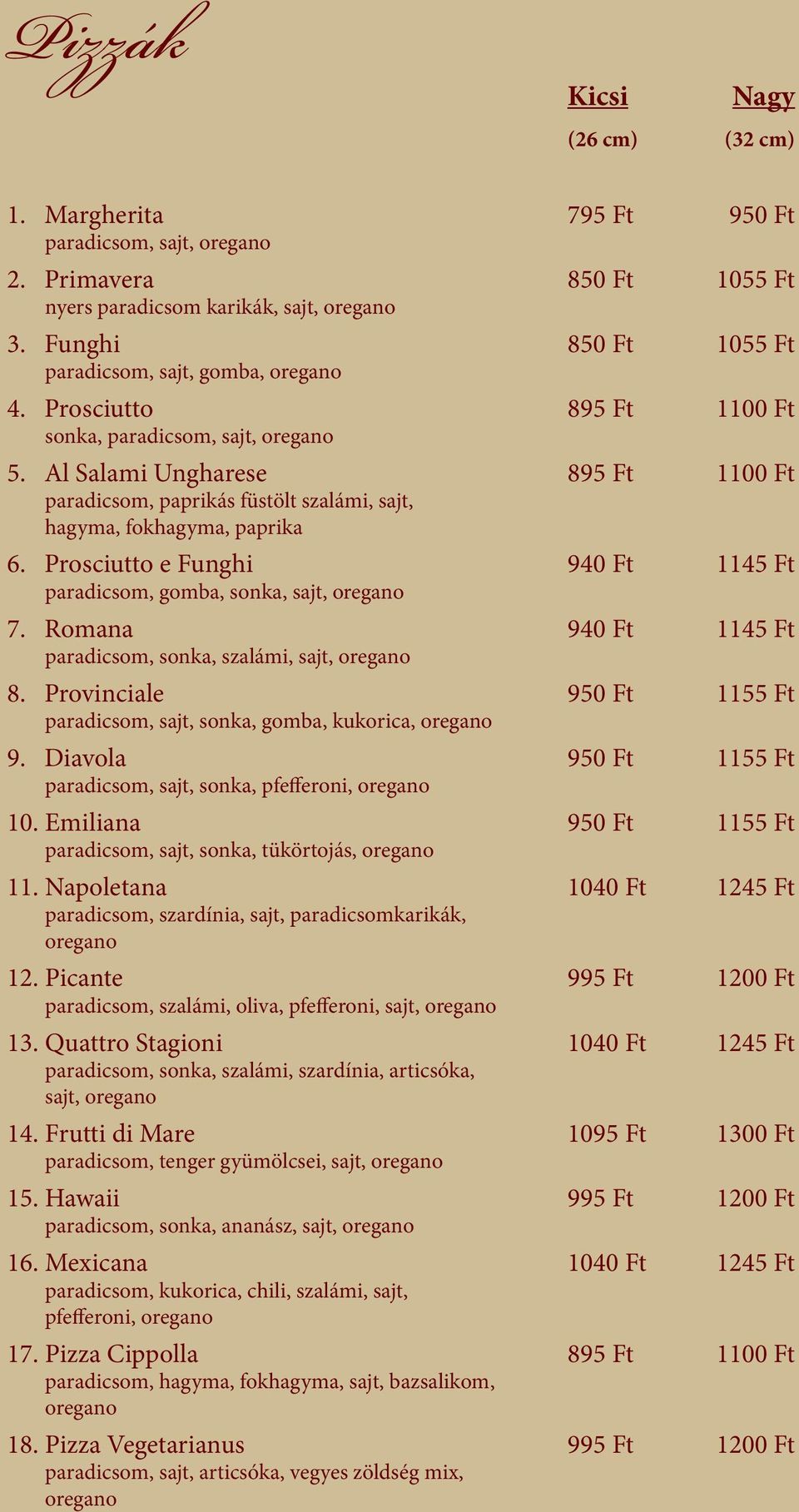 Al Salami Ungharese 895 Ft 1100 Ft paradicsom, paprikás füstölt szalámi, sajt, hagyma, fokhagyma, paprika 6. Prosciutto e Funghi 940 Ft 1145 Ft paradicsom, gomba, sonka, sajt, oregano 7.