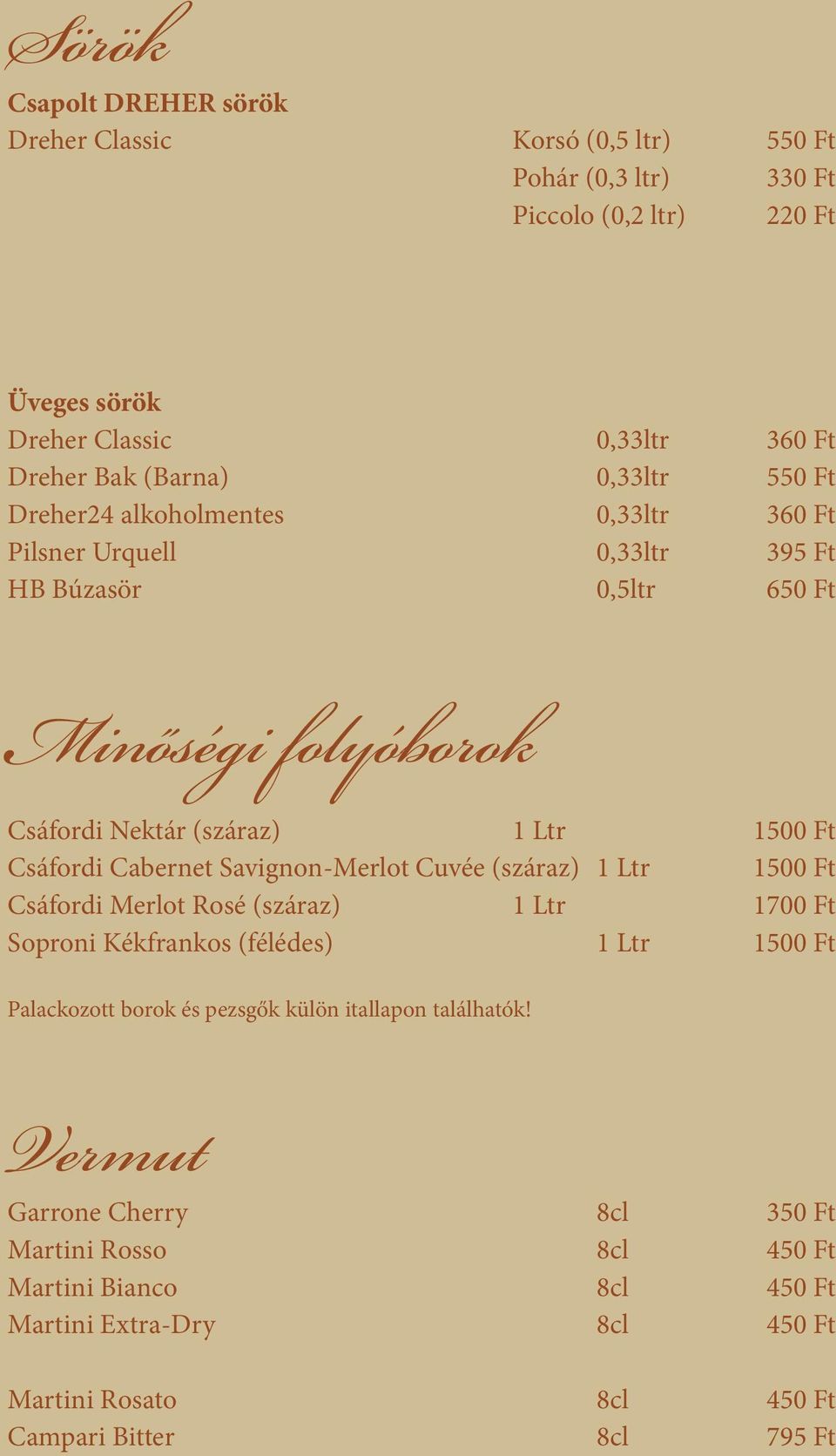 Cabernet Savignon-Merlot Cuvée (száraz) 1 Ltr 1500 Ft Csáfordi Merlot Rosé (száraz) 1 Ltr 1700 Ft Soproni Kékfrankos (félédes) 1 Ltr 1500 Ft Palackozott borok és pezsgők külön