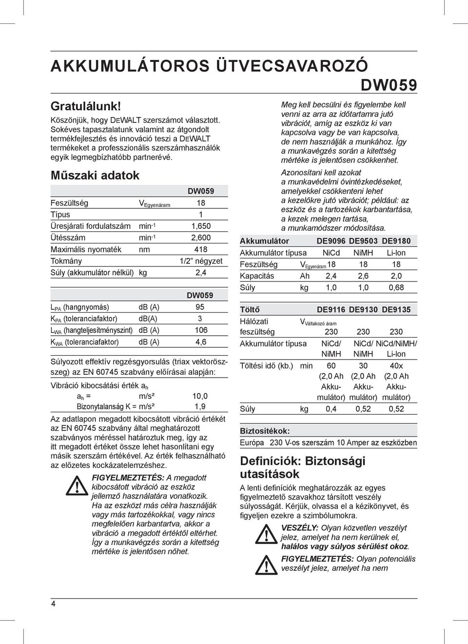 Műszaki adatok DW059 Feszültség V Egyenáram 18 Típus 1 Üresjárati fordulatszám min -1 1,650 Ütésszám min -1 2,600 Maximális nyomaték nm 418 Tokmány 1/2 négyzet Súly (akkumulátor nélkül) kg 2,4 DW059