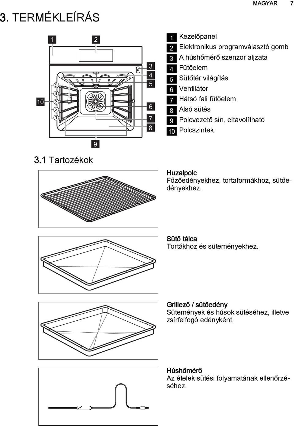 Polcszintek 9 3.1 Tartozékok Huzalpolc Főzőedényekhez, tortaformákhoz, sütőedényekhez. Sütő tálca Tortákhoz és süteményekhez.