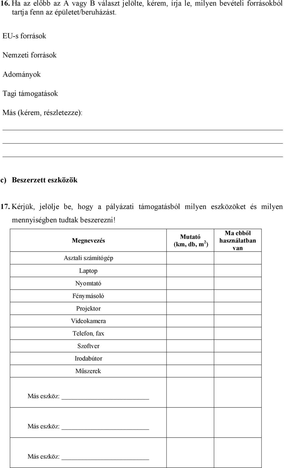 Kérjük, jelölje be, hogy a pályázati támogatásból milyen eszközöket és milyen mennyiségben tudtak beszerezni!