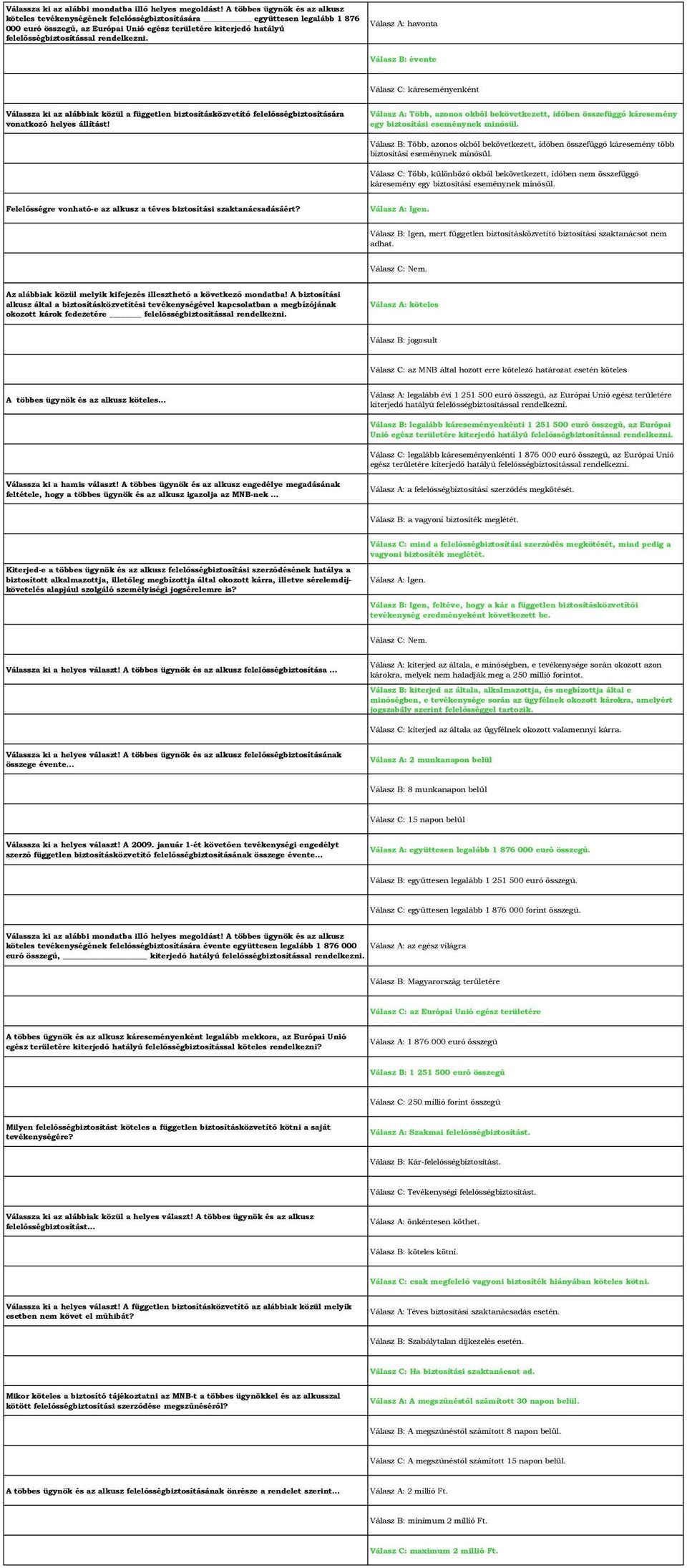 rendelkezni. Válasz A: havonta Válasz B: évente Válasz C: káreseményenként Válassza ki az alábbiak közül a független biztosításközvetítő felelősségbiztosítására vonatkozó helyes állítást!