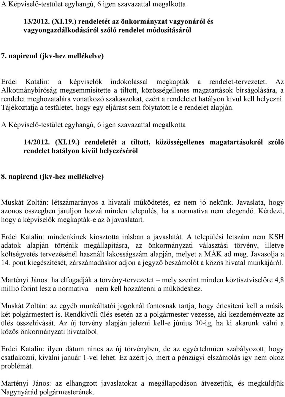 Az Alkotmánybíróság megsemmisítette a tiltott, közösségellenes magatartások bírságolására, a rendelet meghozatalára vonatkozó szakaszokat, ezért a rendeletet hatályon kívül kell helyezni.