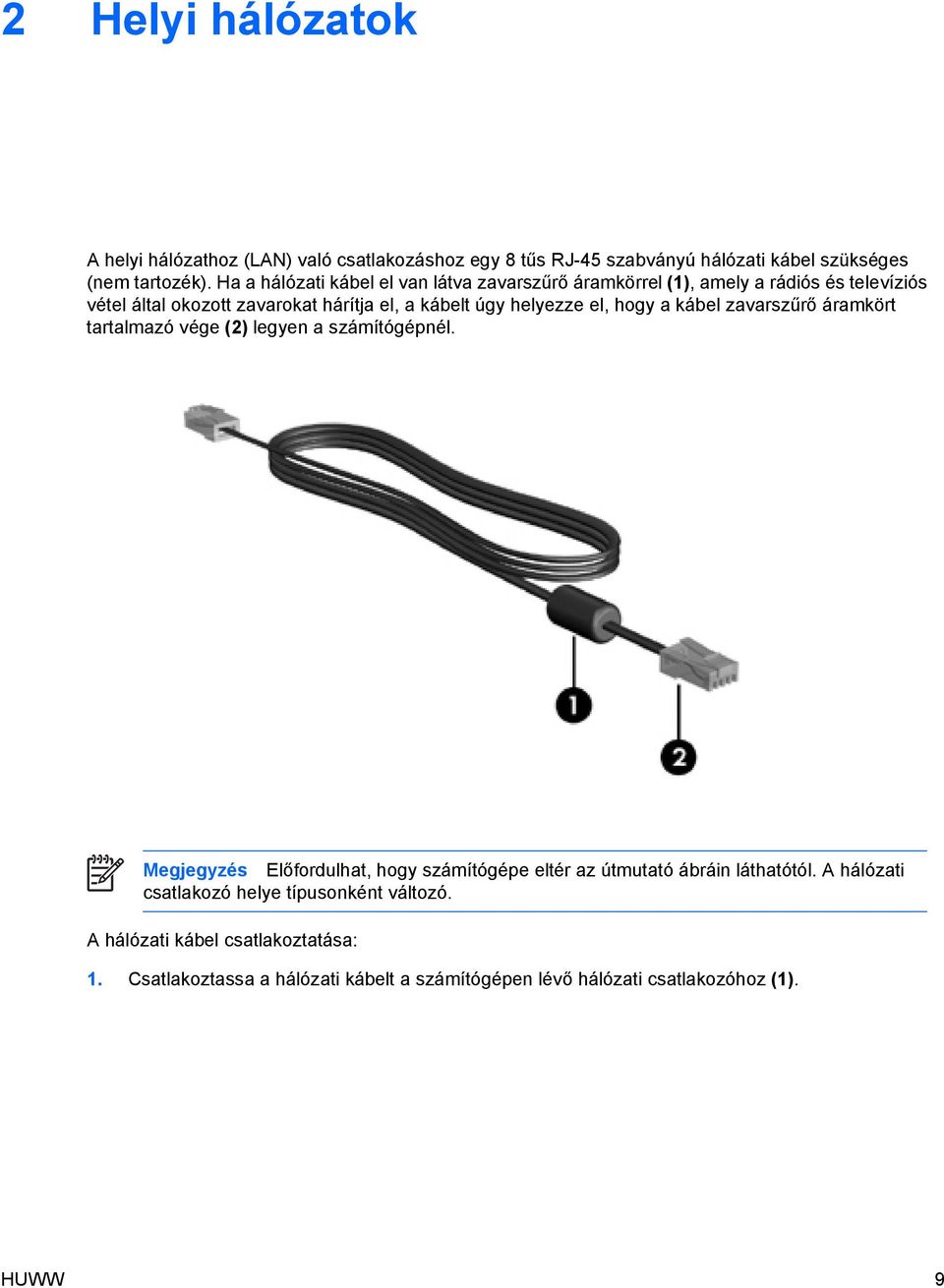 el, hogy a kábel zavarszűrő áramkört tartalmazó vége (2) legyen a számítógépnél.