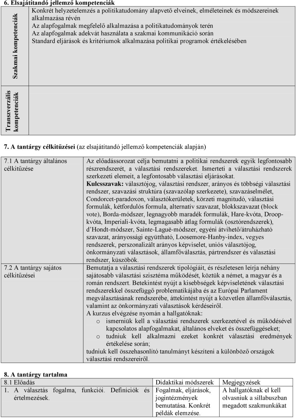 politikatudományok terén Az alapfogalmak adekvát használata a szakmai kommunikáció során Standard eljárások és kritériumok alkalmazása politikai programok értékelésében 7.