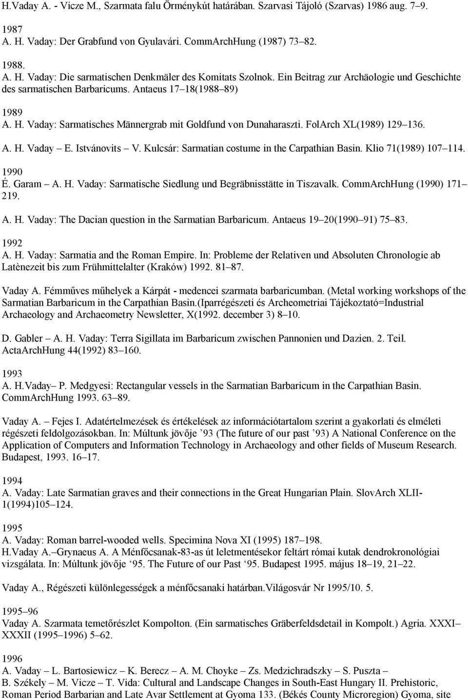 Istvánovits V. Kulcsár: Sarmatian costume in the Carpathian Basin. Klio 71(1989) 107 114. 1990 É. Garam A. H. Vaday: Sarmatische Siedlung und Begräbnisstätte in Tiszavalk. CommArchHung (1990) 171 219.