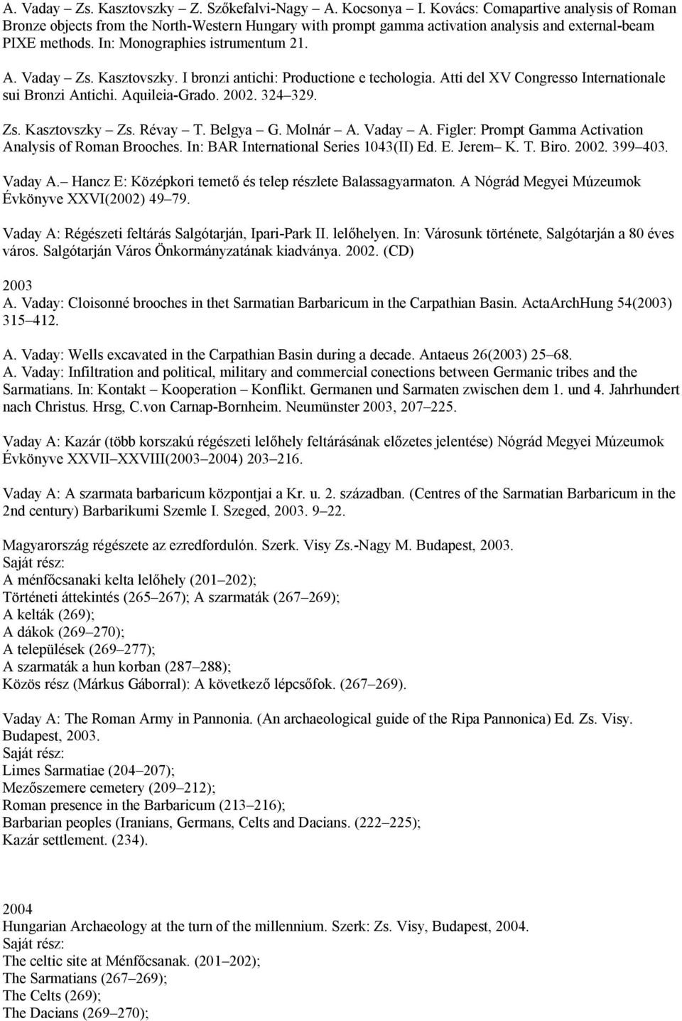 Kasztovszky. I bronzi antichi: Productione e techologia. Atti del XV Congresso Internationale sui Bronzi Antichi. Aquileia-Grado. 2002. 324 329. Zs. Kasztovszky Zs. Révay T. Belgya G. Molnár A.