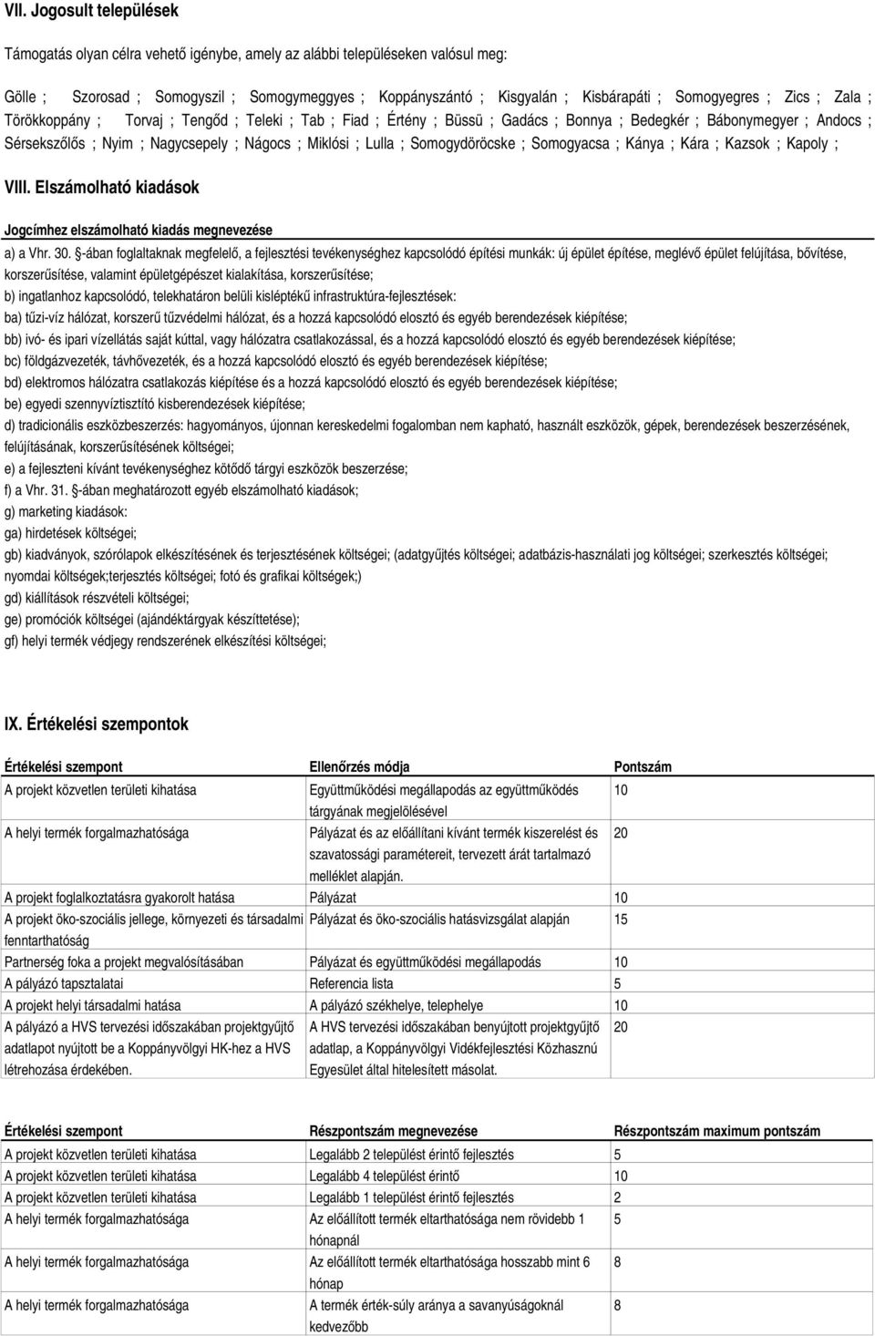 Miklósi ; Lulla ; Somogydöröcske ; Somogyacsa ; Kánya ; Kára ; Kazsok ; Kapoly ; VIII. Elszámolható kiadások Jogcímhez elszámolható kiadás megnevezése a) a Vhr. 30.