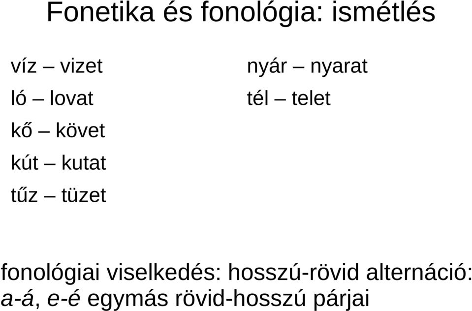 tél telet fonológiai viselkedés: hosszú-rövid