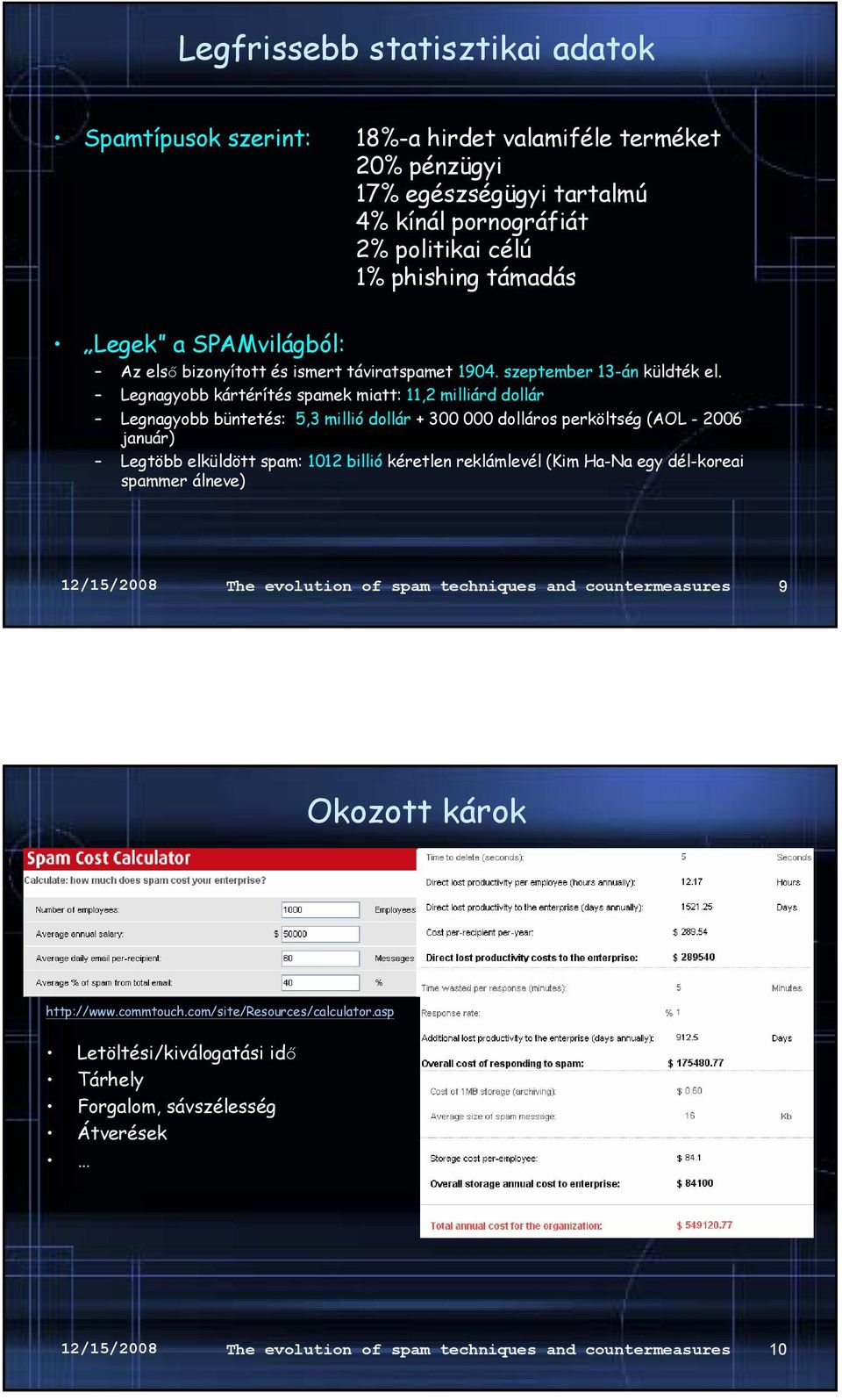 Legnagyobb kártérítés spamek miatt: 11,2 milliárd dollár Legnagyobb büntetés: 5,3 millió dollár + 300 000 dolláros perköltség (AOL - 2006 január) Legtöbb elküldött spam: 1012 billió kéretlen