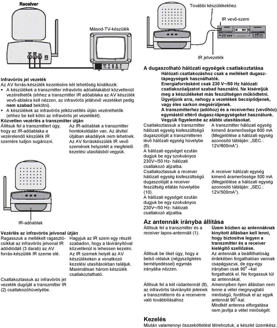 A készülékek az infravörös jelközvetítés útján vezérelhetők (ehhez be kell kötni az infravörös jel vezetékét).