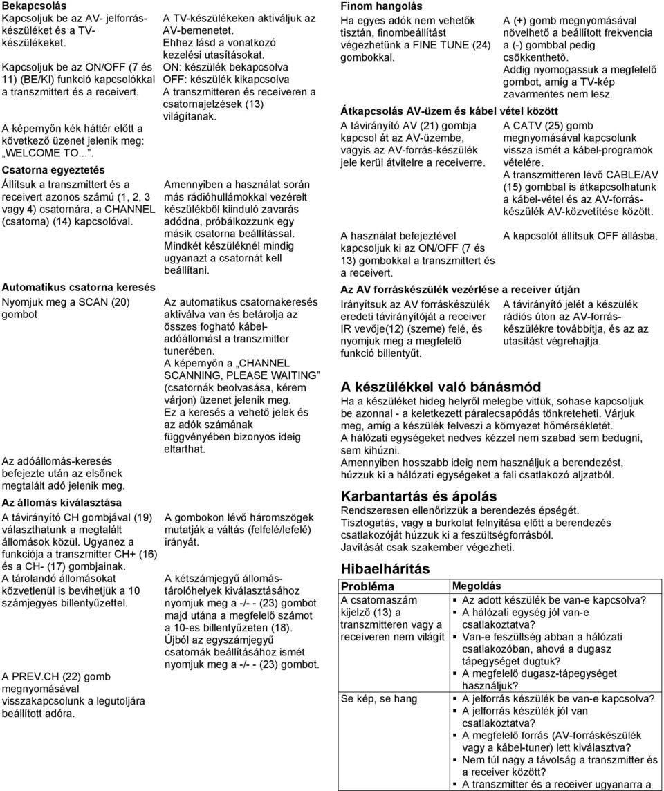 ... Csatorna egyeztetés Állítsuk a transzmittert és a receivert azonos számú (1, 2, 3 vagy 4) csatornára, a CHANNEL (csatorna) (14) kapcsolóval.