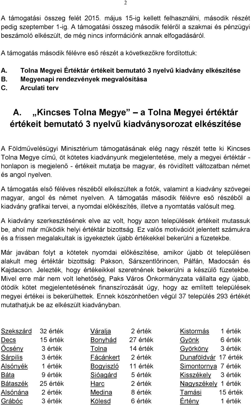 Tolna Megyei Értéktár értékeit bemutató 3 nyelvű kiadvány elkészítése B. Megyenapi rendezvények megvalósítása C. Arculati terv A.