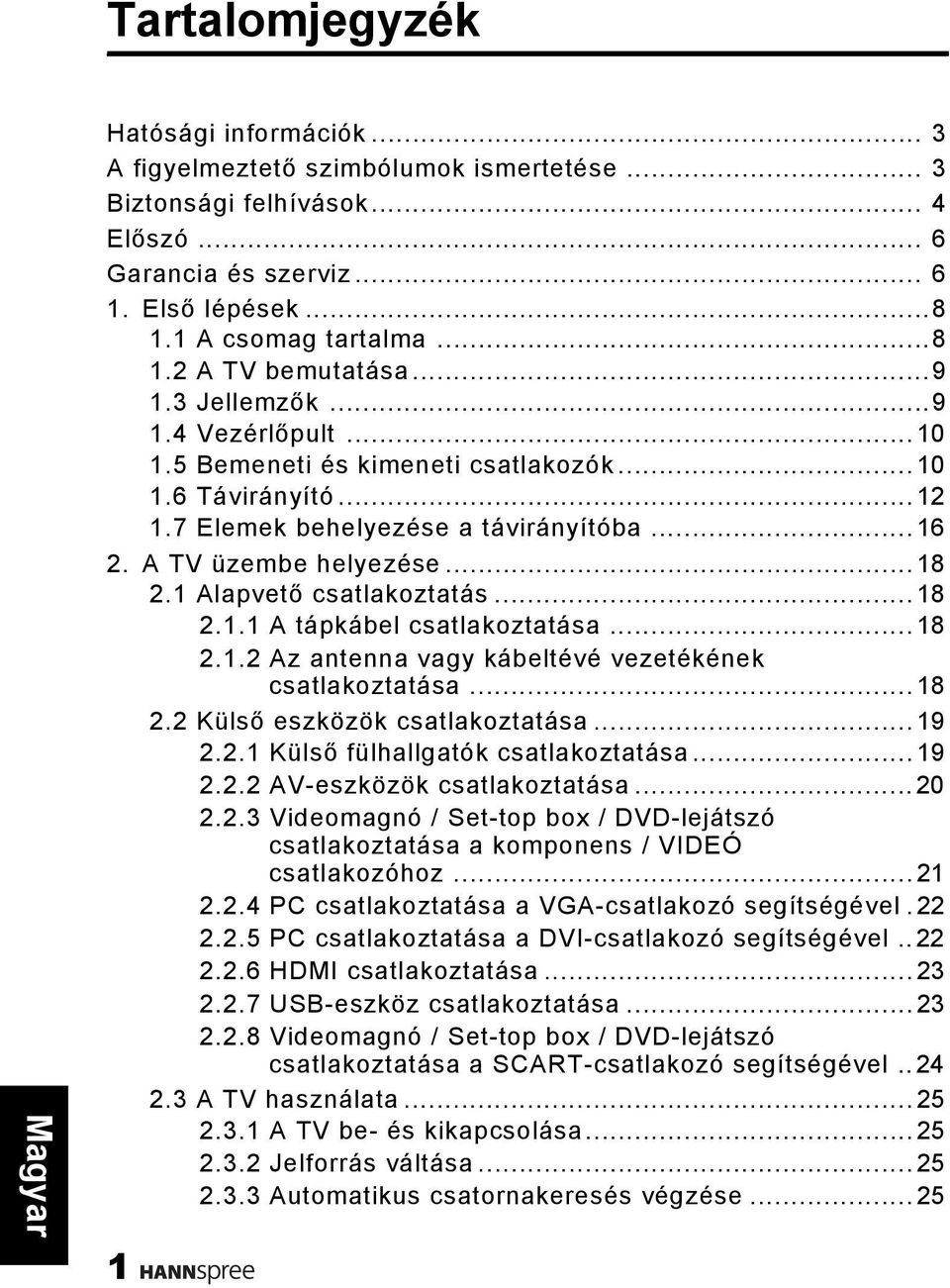 1 Alapvető csatlakoztatás...18 2.1.1 A tápkábel csatlakoztatása...18 2.1.2 Az antenna vagy kábeltévé vezetékének csatlakoztatása...18 2.2 Külső eszközök csatlakoztatása...19 2.2.1 Külső fülhallgatók csatlakoztatása.