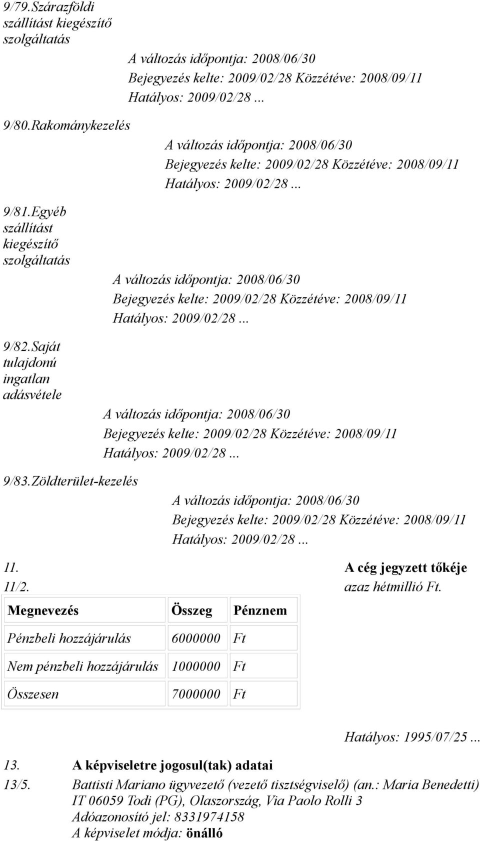 Megnevezés Összeg Pénznem Pénzbeli hozzájárulás 6000000 Ft Nem pénzbeli hozzájárulás 1000000 Ft Összesen 7000000 Ft Hatályos: 1995/07/25... 13.