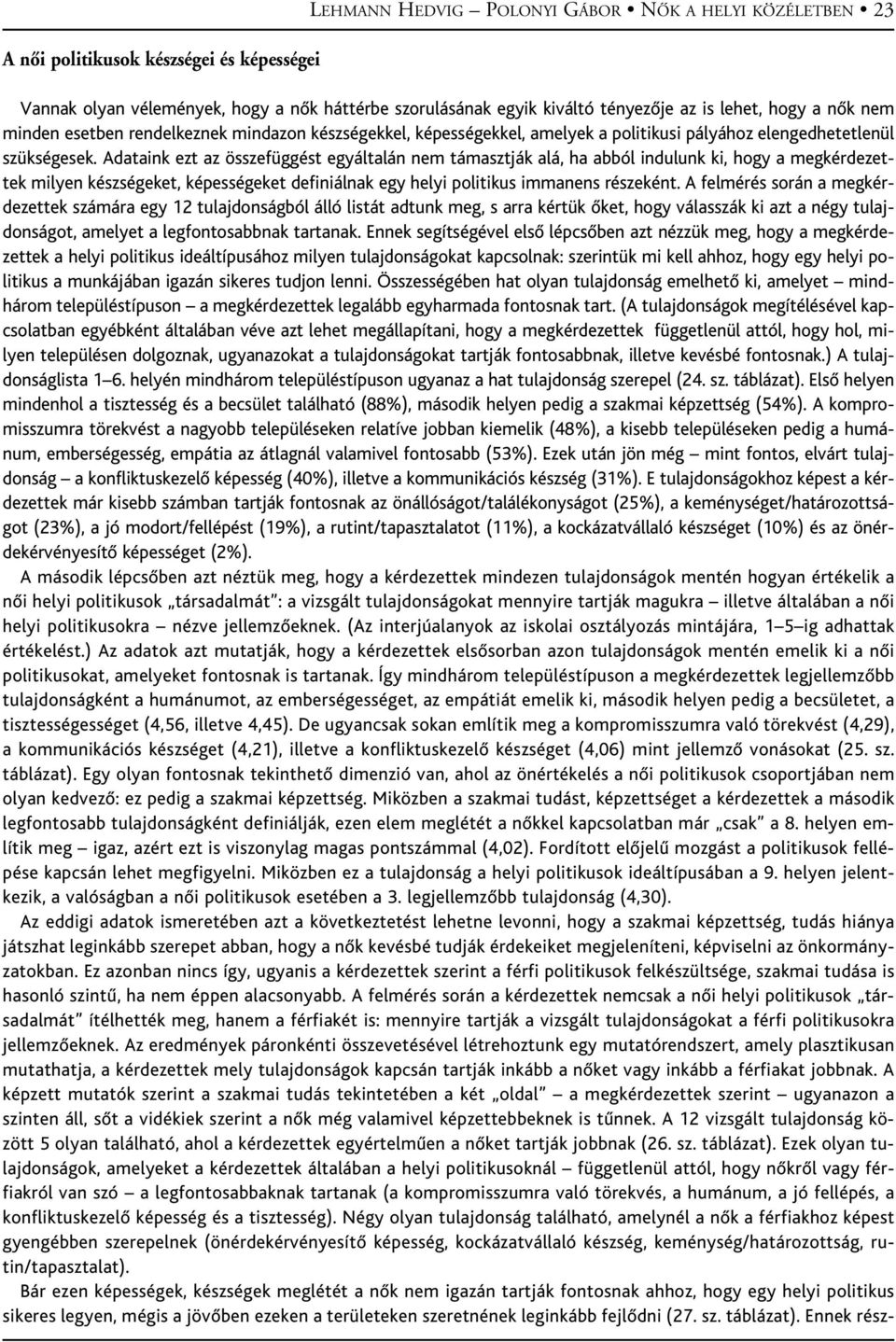 Adataink ezt az összefüggést egyáltalán nem támasztják alá, ha abból indulunk ki, hogy a megkérdezettek milyen készségeket, képességeket definiálnak egy helyi politikus immanens részeként.