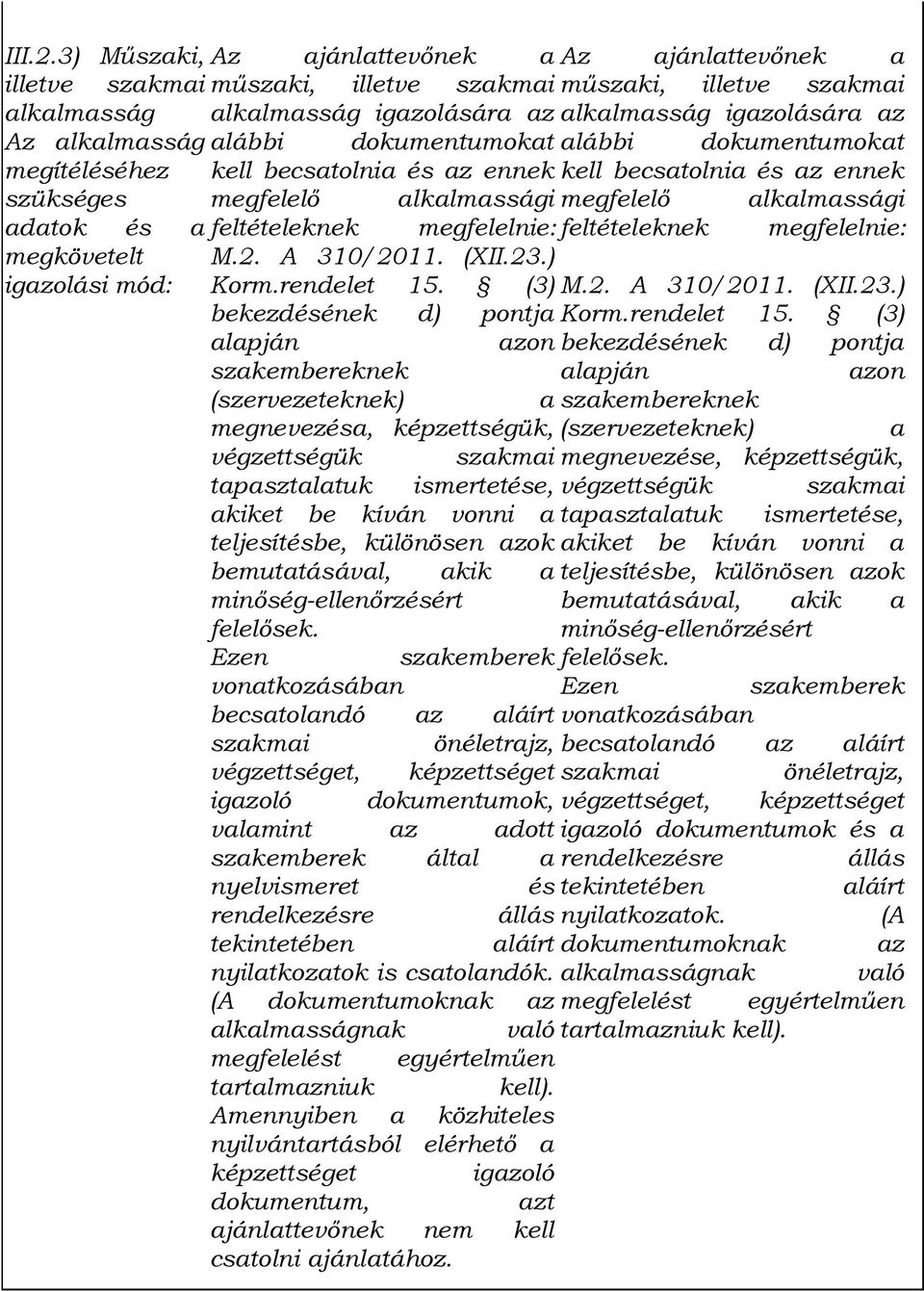 dokumentumokat kell becsatolnia és az ennek megfelelő alkalmassági feltételeknek megfelelnie: M.2. A 310/2011. (XII.23.) Korm.rendelet 15.