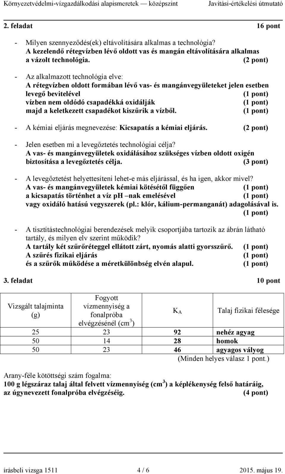 kiszűrik a vízből. - A kémiai eljárás megnevezése: Kicsapatás a kémiai eljárás. - Jelen esetben mi a levegőztetés technológiai célja?