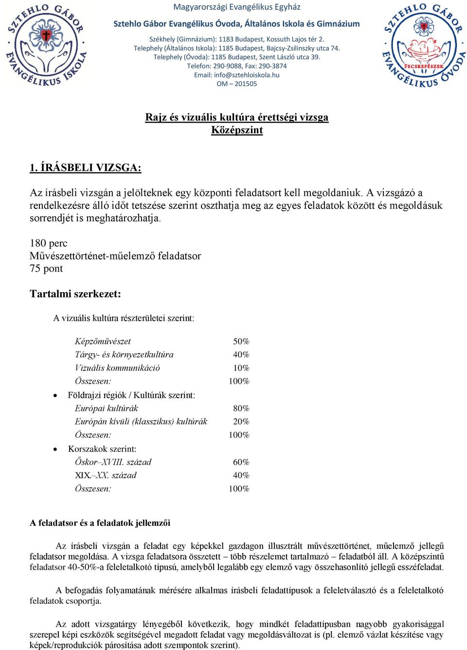 180 perc Művészettörténet-műelemző feladatsor 75 pont Tartalmi szerkezet: A vizuális kultúra részterületei szerint: Képzőművészet 50% Tárgy- és környezetkultúra 40% Vizuális kommunikáció 10%