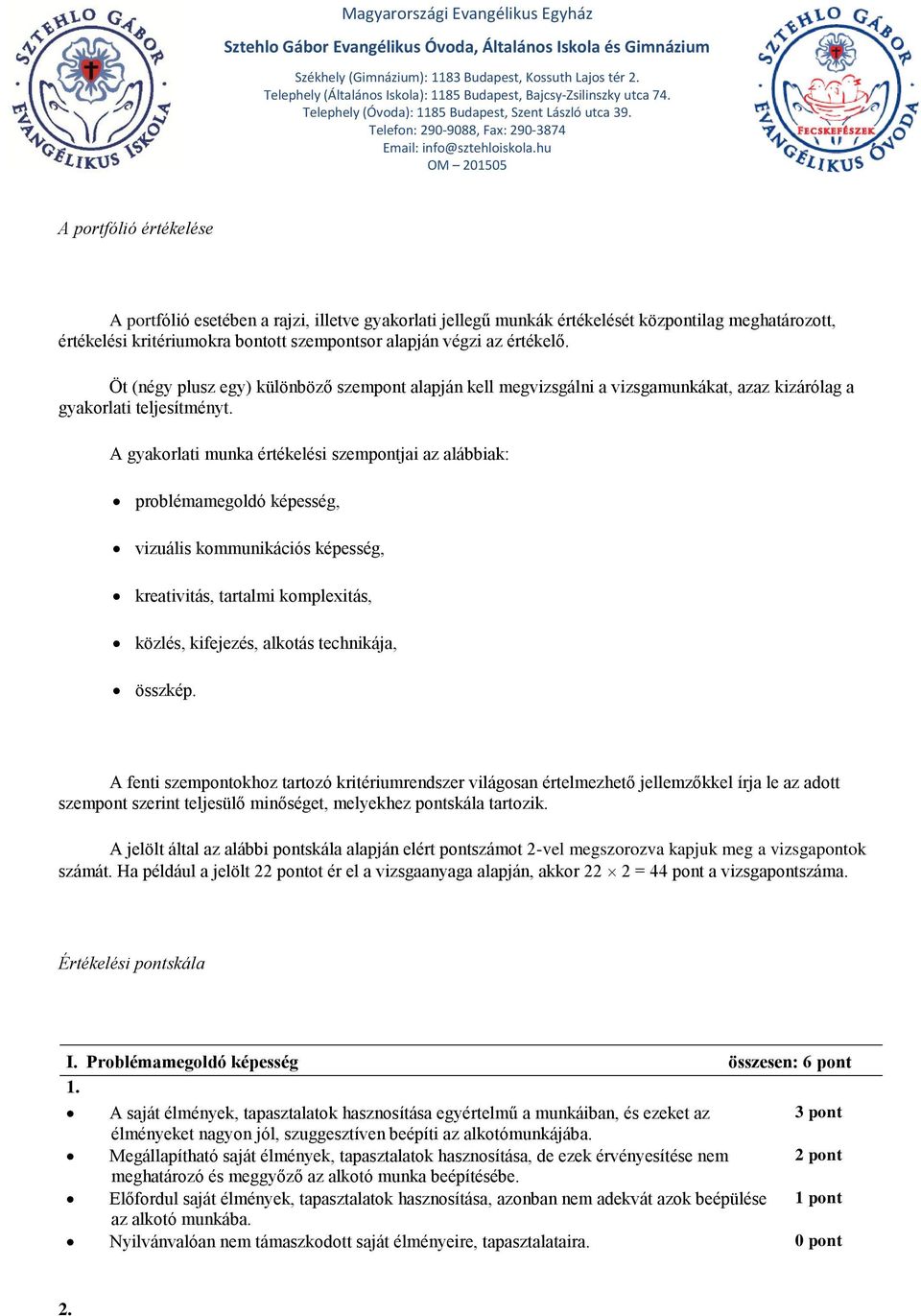 A gyakorlati munka értékelési szempontjai az alábbiak: problémamegoldó képesség, vizuális kommunikációs képesség, kreativitás, tartalmi komplexitás, közlés, kifejezés, alkotás technikája, összkép.