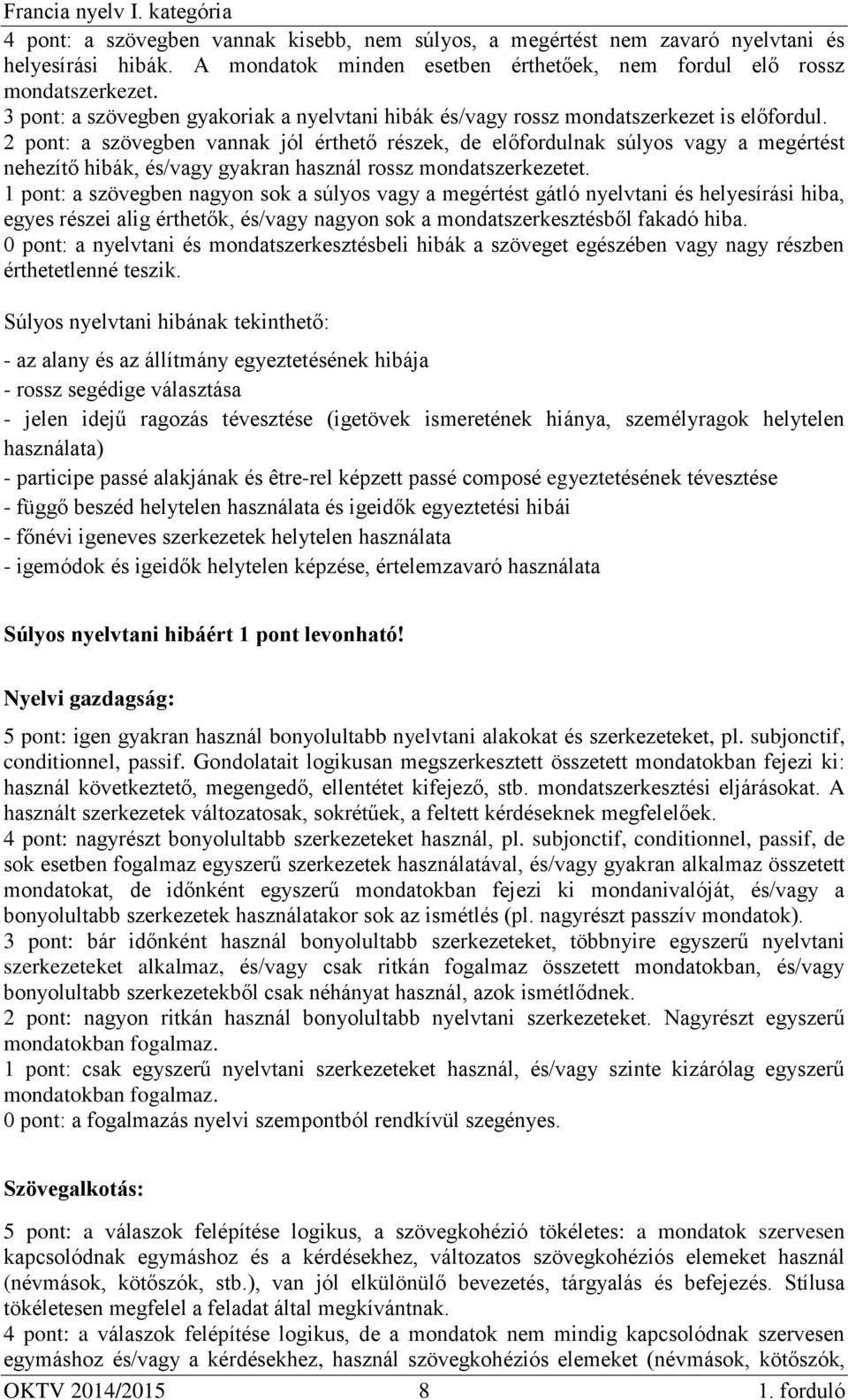 2 pont: a szövegben vannak jól érthető részek, de előfordulnak súlyos vagy a megértést nehezítő hibák, és/vagy gyakran használ rossz mondatszerkezetet.