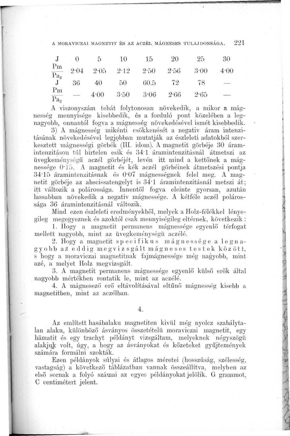 növekedésével ismét kisebbedik. 3) A mágnesség mikénti csökkenését a negatív áram intenzitásának növekedésével legjobban mutatják az észlelett adatokból szerkesztett mágnességi görbék (III. idom).