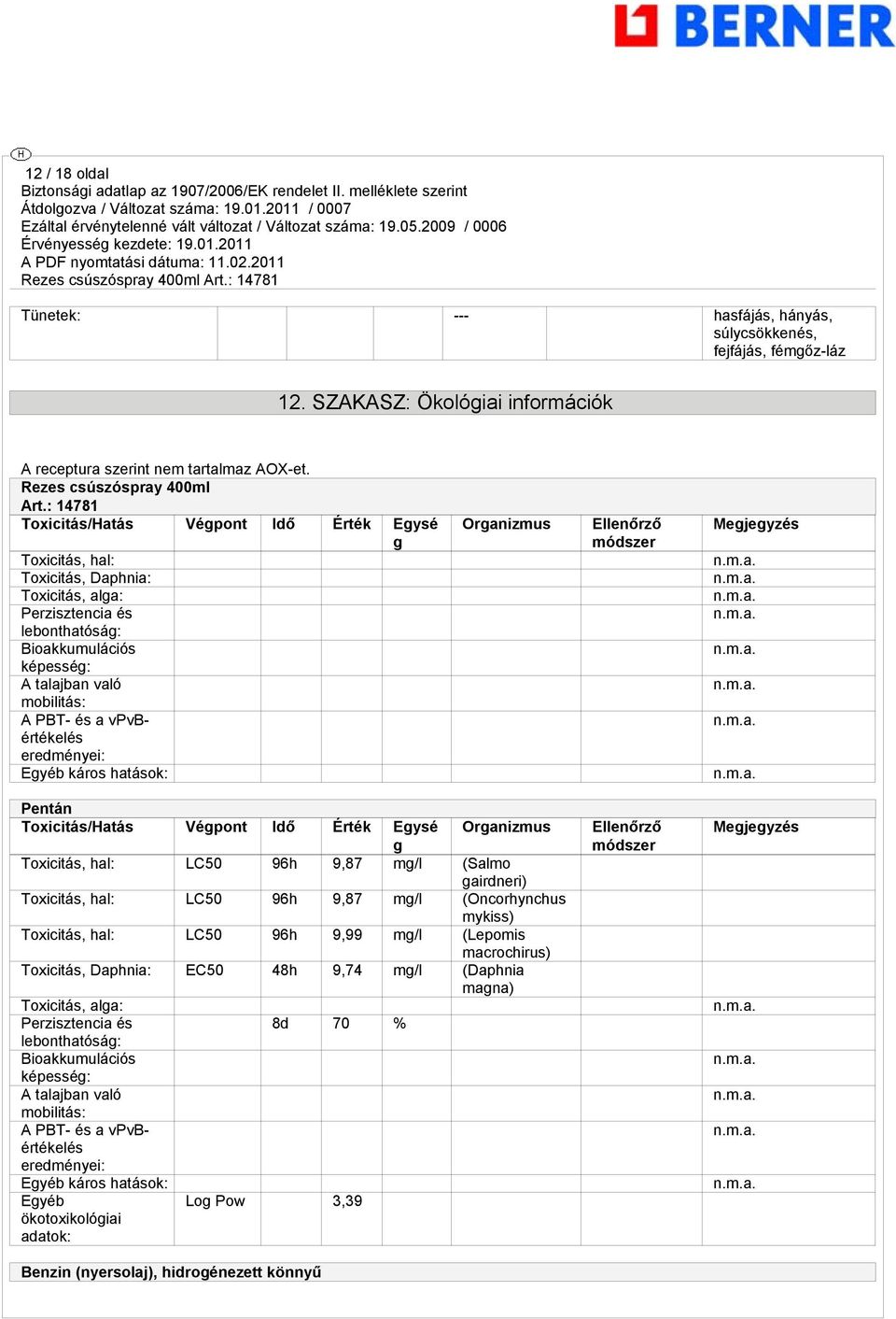 vpvbértékelés eredményei: Egyéb káros hatások: Organizmus Ellenőrző módszer Megjegyzés Pentán Toxicitás/Hatás Végpont Idő Érték Egysé g Organizmus Toxicitás, hal: LC50 96h 9,87 mg/l (Salmo gairdneri)