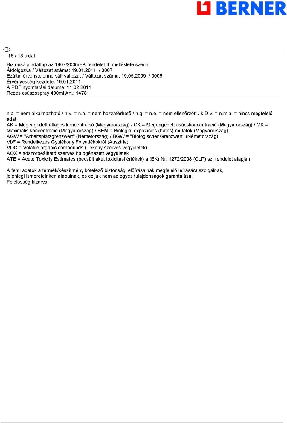 = = nincs megfelelő adat AK = Megengedett átlagos koncentráció (Magyarország) / CK = Megengedett csúcskoncentráció (Magyarország) / MK = Maximális koncentráció (Magyarország) / BEM = Biológiai