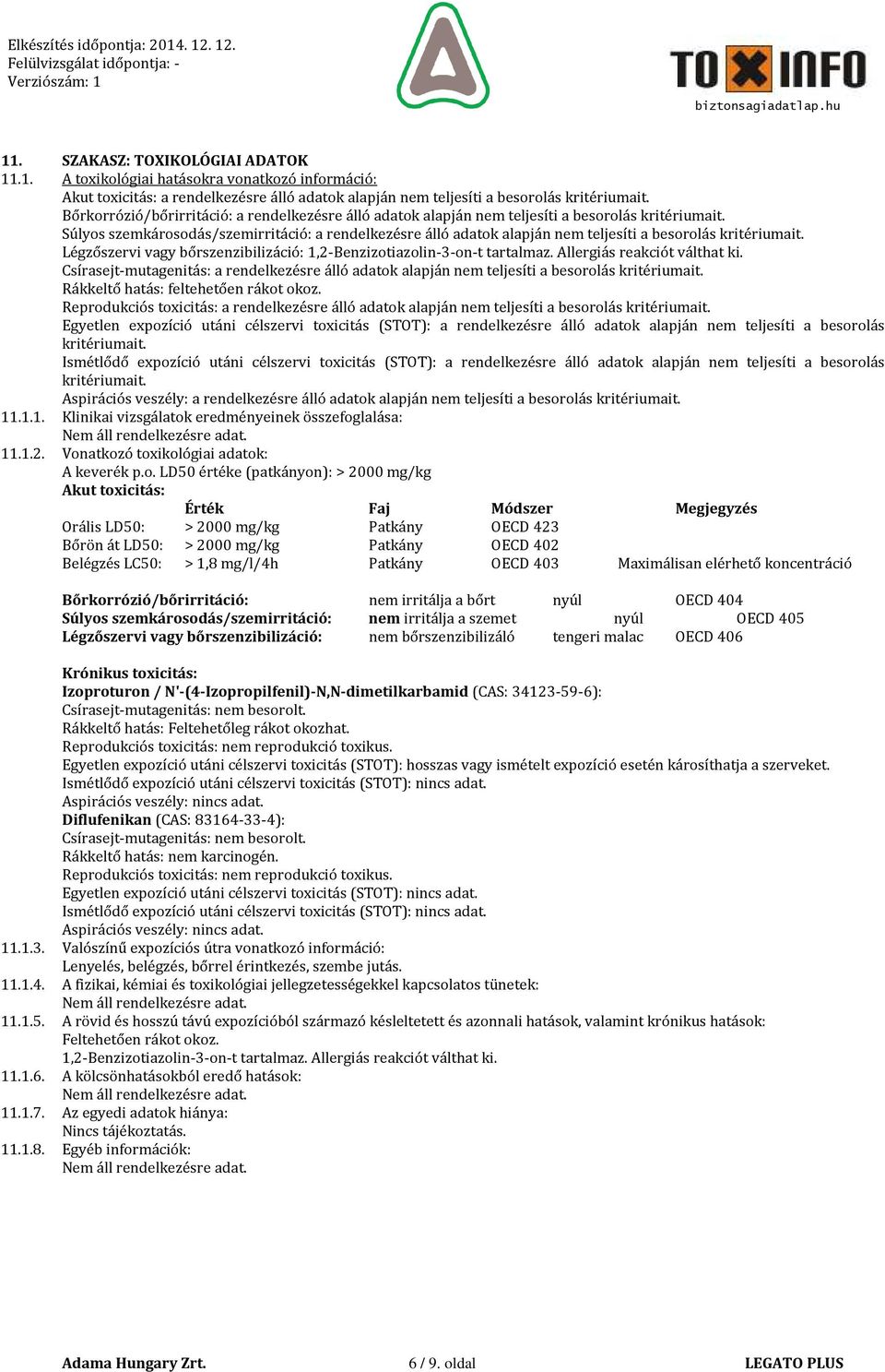 Súlyos szemkárosodás/szemirritáció: a rendelkezésre álló adatok alapján nem teljesíti a besorolás kritériumait. Légzőszervi vagy bőrszenzibilizáció: 1,2-Benzizotiazolin-3-on-t tartalmaz.