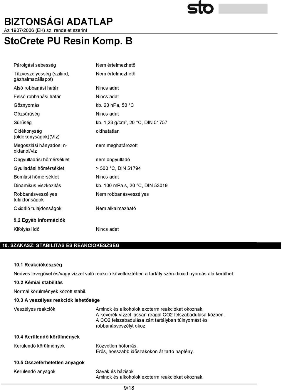 DIN 51794 Bomlási hőmérséklet Dinamikus viszkozitás kb. 100 mpa.s, 20 C, DIN 53019 Robbanásveszélyes tulajdonságok Oxidáló tulajdonságok 9.