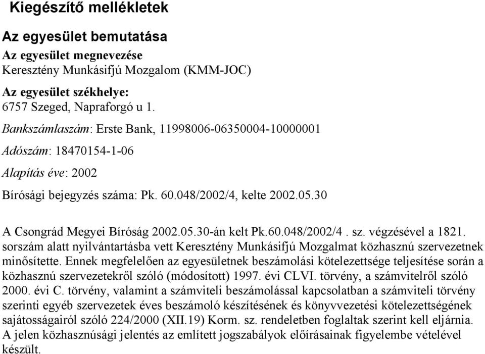 60.048/2002/4. sz. végzésével a 1821. sorszám alatt nyilvántartásba vett Keresztény Munkásifjú Mozgalmat közhasznú szervezetnek minősítette.