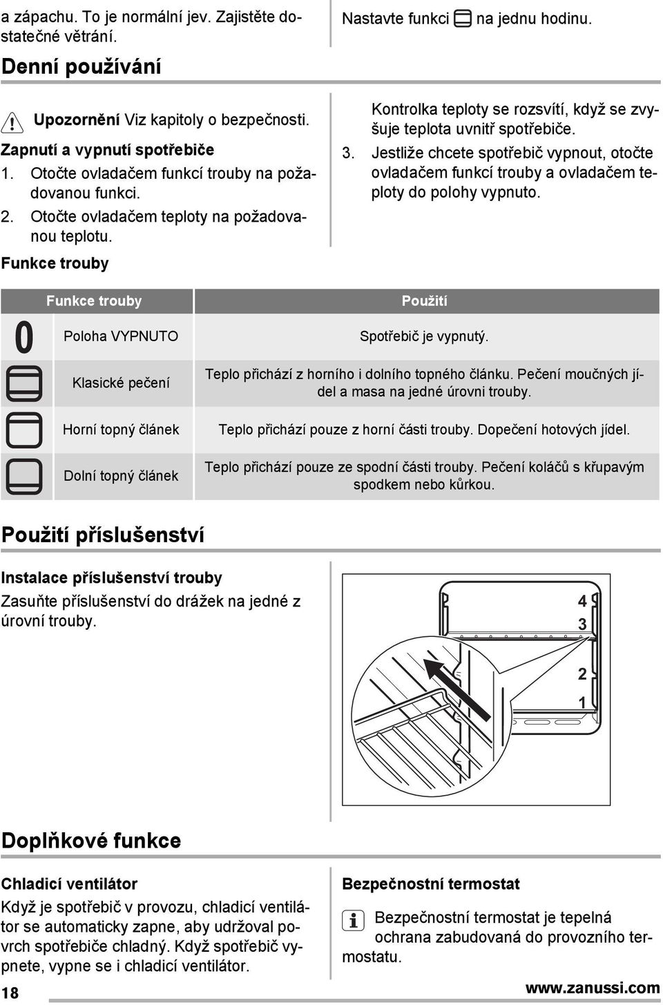Funkce trouby Funkce trouby Poloha VYPNUTO Kontrolka teploty se rozsvítí, když se zvyšuje teplota uvnitř spotřebiče. 3.