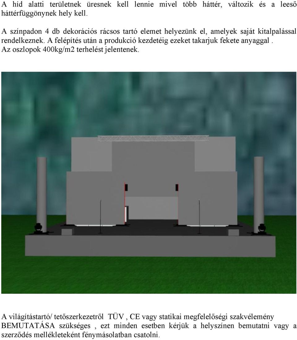 A felépítés után a produkció kezdetéig ezeket takarjuk fekete anyaggal. Az oszlopok 400kg/m2 terhelést jelentenek.