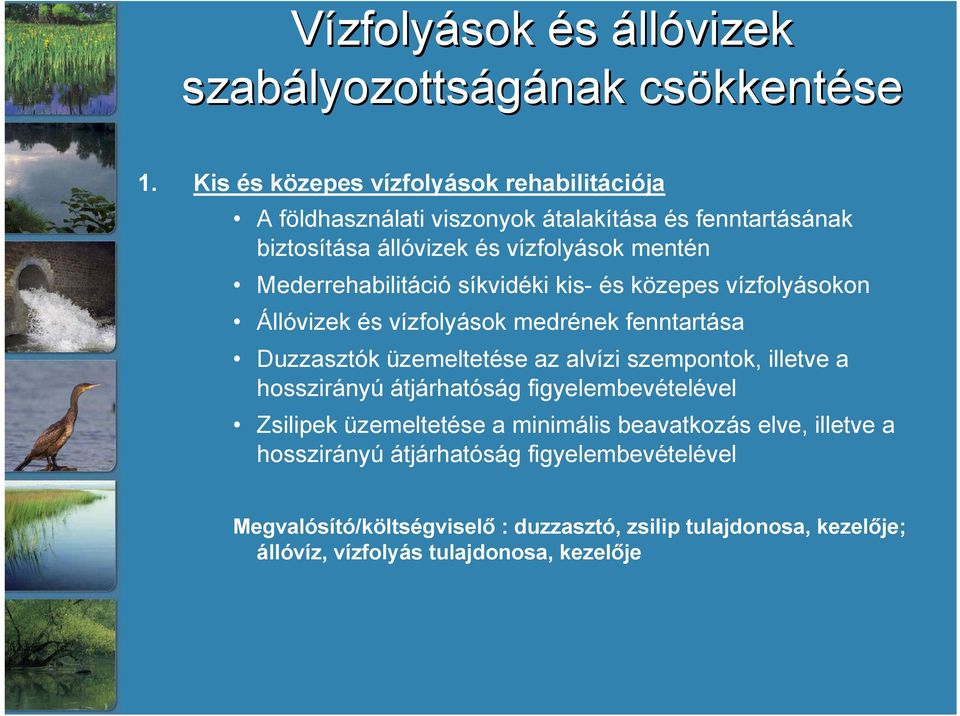 Mederrehabilitáció síkvidéki kis- és közepes vízfolyásokon Állóvizek és vízfolyások medrének fenntartása Duzzasztók üzemeltetése az alvízi szempontok, illetve a