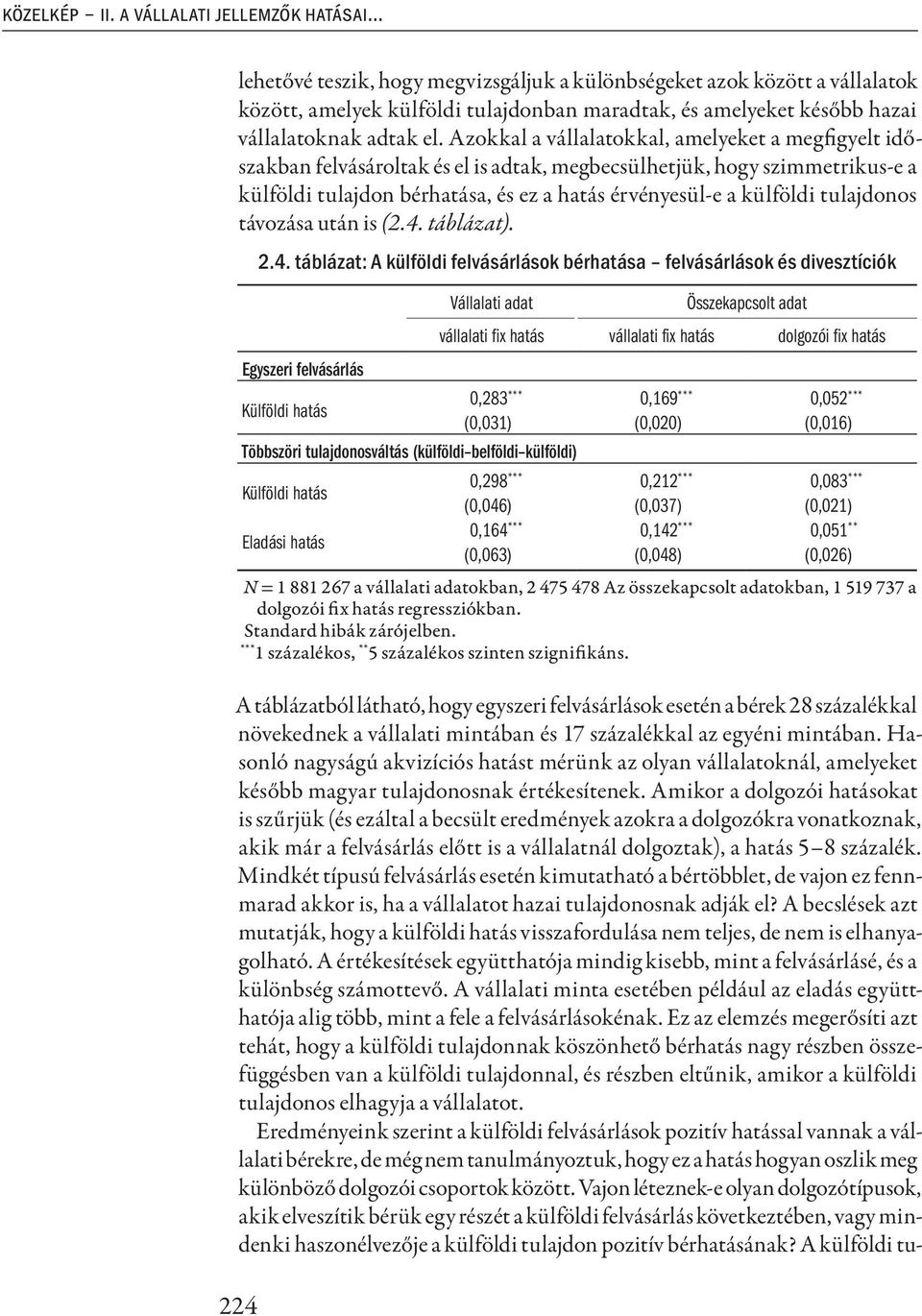 Azokkal a vállalatokkal, amelyeket a megfigyelt időszakban felvásároltak és el is adtak, megbecsülhetjük, hogy szimmetrikus-e a külföldi tulajdon bérhatása, és ez a hatás érvényesül-e a külföldi