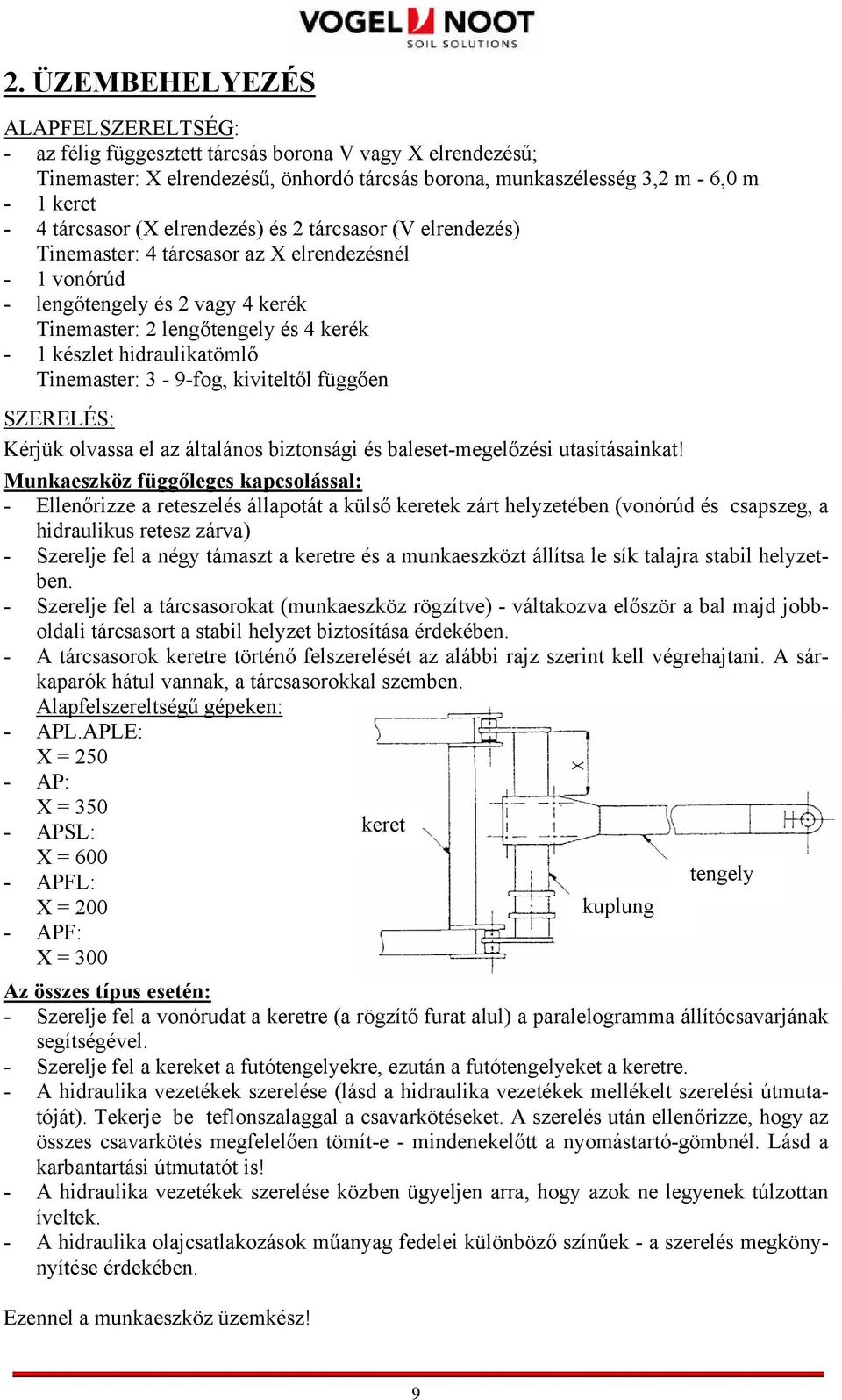 hidraulikatömlő Tinemaster: 3-9-fog, kiviteltől függően SZERELÉS: Kérjük olvassa el az általános biztonsági és baleset-megelőzési utasításainkat!