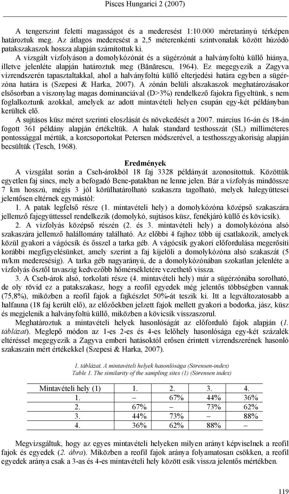 A vizsgált vízfolyáson a domolykózónát és a sügérzónát a halványfoltú küllő hiánya, illetve jelenléte alapján határoztuk meg (Bănărescu, 1964).