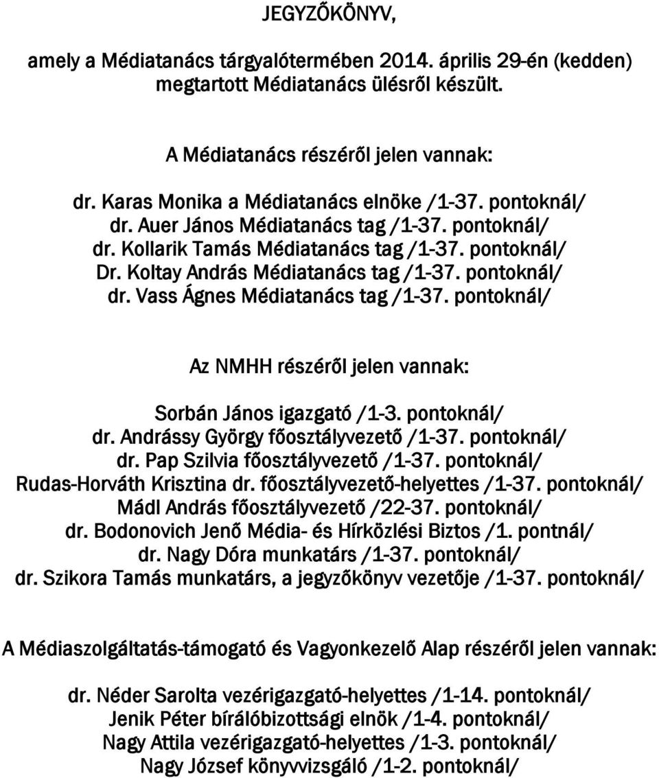 pontoknál/ Az NMHH részéről jelen vannak: Sorbán János igazgató /1-3. pontoknál/ dr. Andrássy György főosztályvezető /1-37. pontoknál/ dr. Pap Szilvia főosztályvezető /1-37.