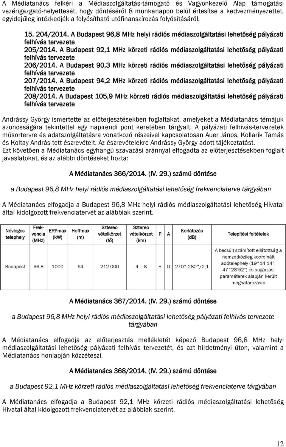 A Budapest 92,1 MHz körzeti rádiós médiaszolgáltatási lehetőség pályázati felhívás tervezete 206/2014.