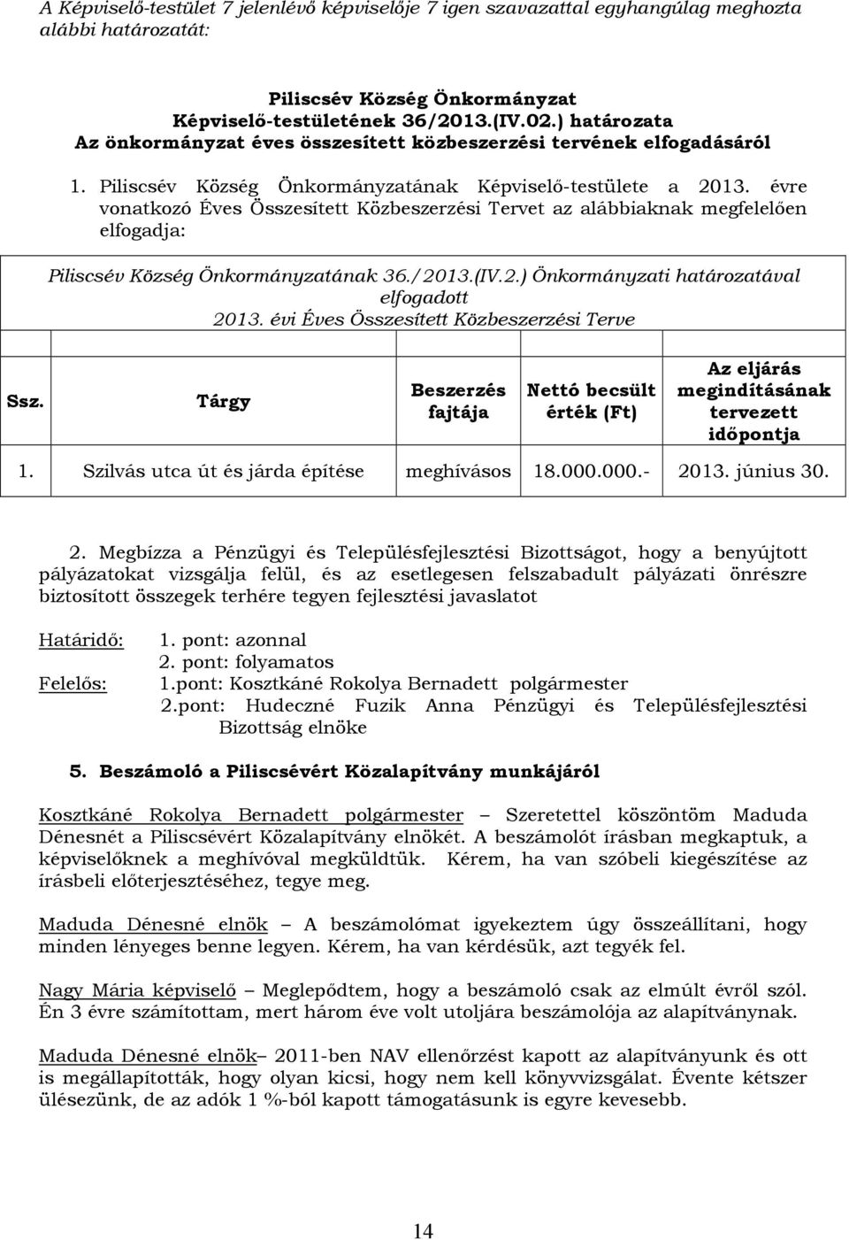 évre vonatkozó Éves Összesített Közbeszerzési Tervet az alábbiaknak megfelelően elfogadja: ának 36./2013.(IV.2.) Önkormányzati határozatával elfogadott 2013.