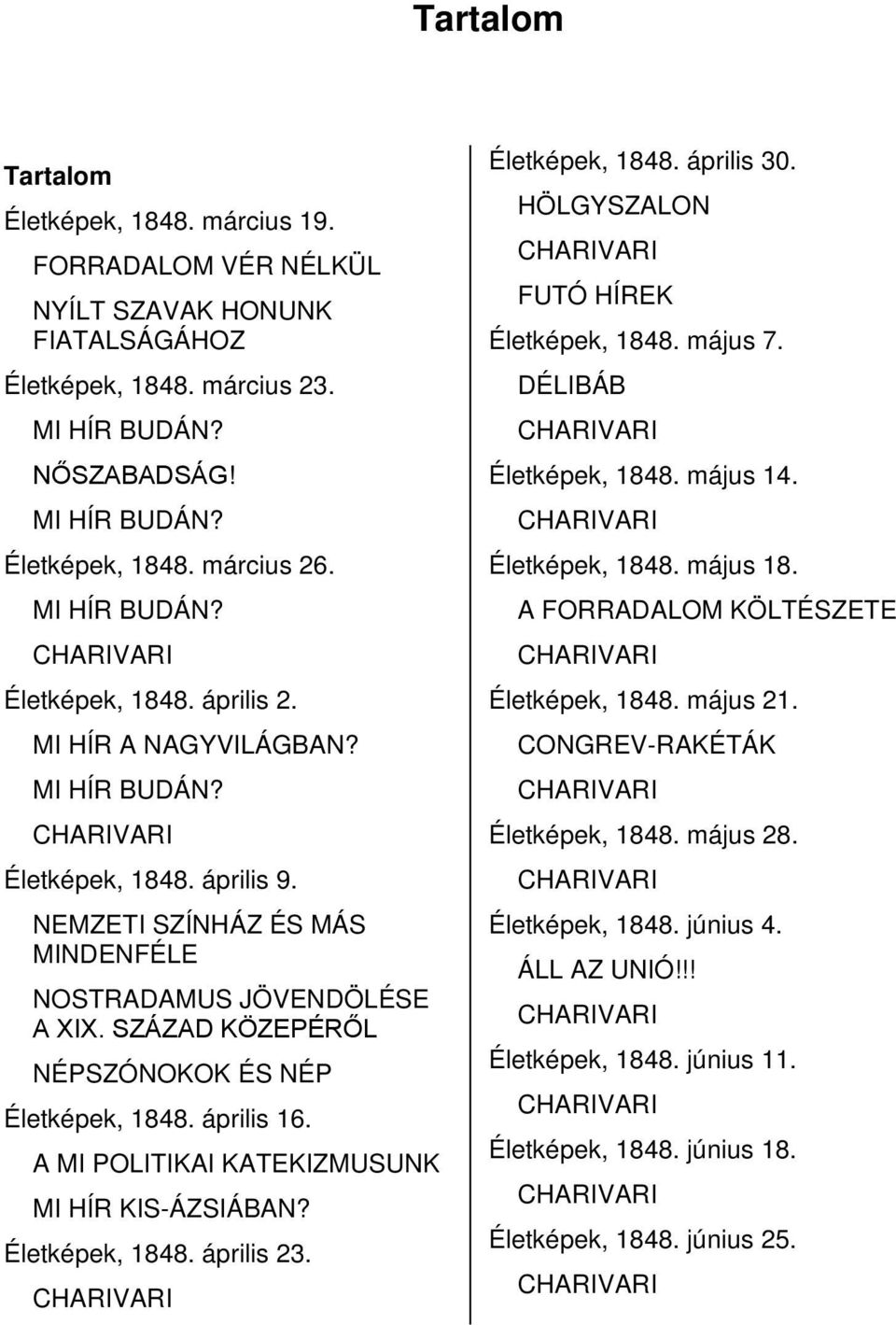 SZÁZAD KÖZEPÉRŐL NÉPSZÓNOKOK ÉS NÉP Életképek, 1848. április 16. A MI POLITIKAI KATEKIZMUSUNK MI HÍR KIS-ÁZSIÁBAN? Életképek, 1848. április 23. CHARIVARI Életképek, 1848. április 30.