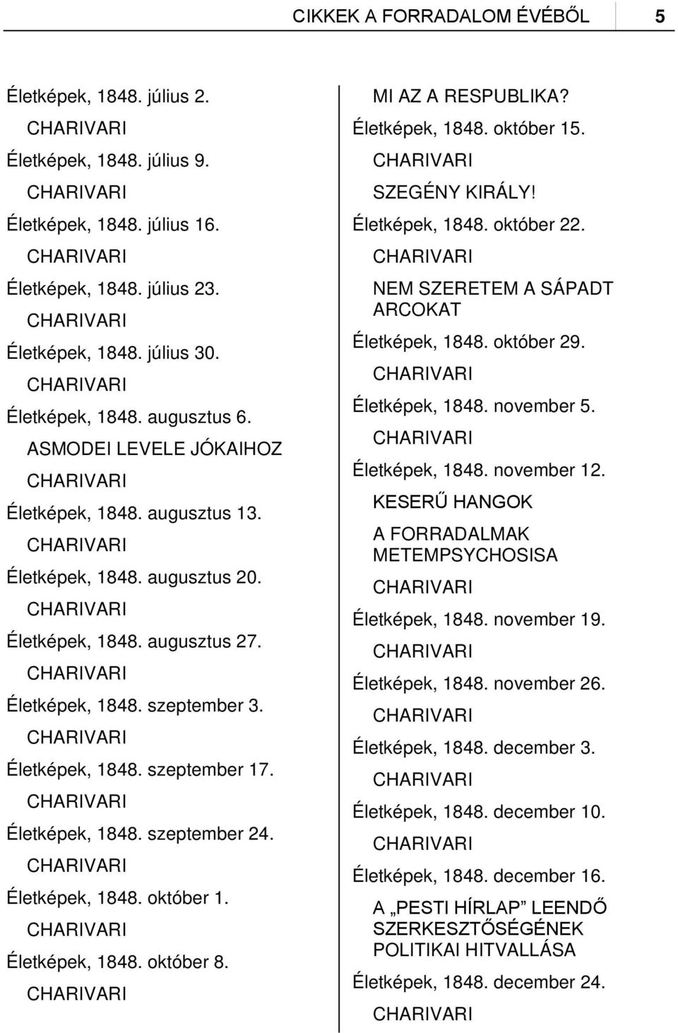 CHARIVARI Életképek, 1848. szeptember 3. CHARIVARI Életképek, 1848. szeptember 17. CHARIVARI Életképek, 1848. szeptember 24. CHARIVARI Életképek, 1848. október 1. CHARIVARI Életképek, 1848. október 8.