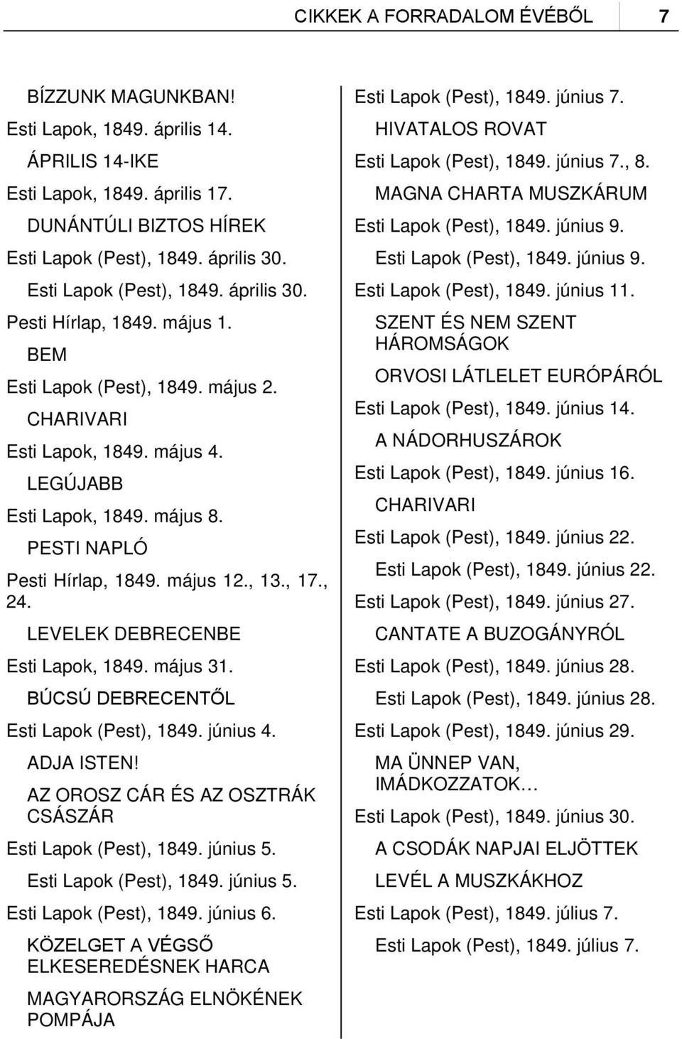 PESTI NAPLÓ Pesti Hírlap, 1849. május 12., 13., 17., 24. LEVELEK DEBRECENBE Esti Lapok, 1849. május 31. BÚCSÚ DEBRECENTŐL Esti Lapok (Pest), 1849. június 4. ADJA ISTEN!