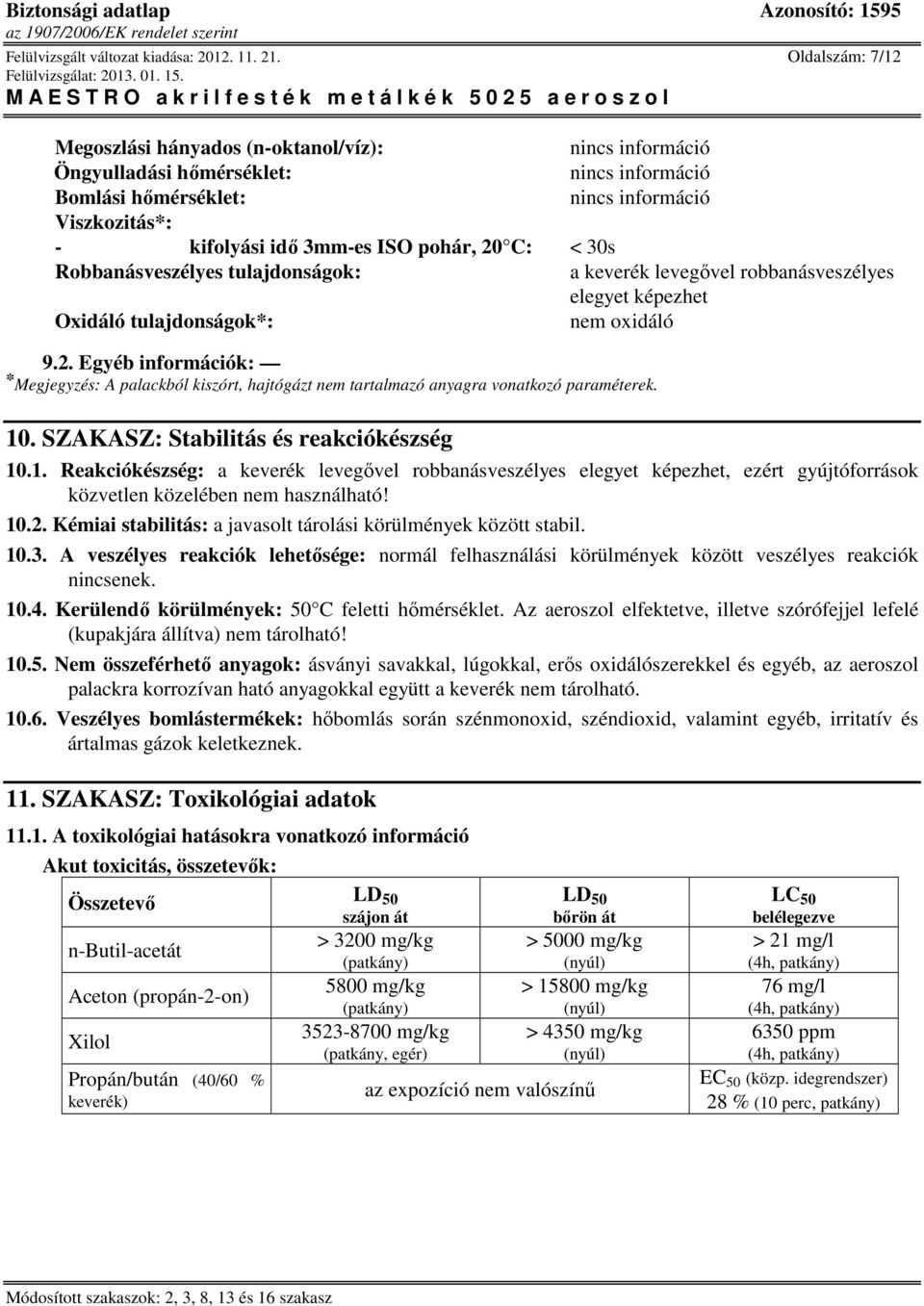 keverék levegıvel robbanásveszélyes elegyet képezhet Oxidáló tulajdonságok*: nem oxidáló 9.2.