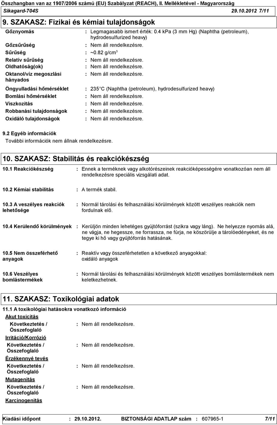 ismert érték 0.4 kpa (3 mm Hg) (Naphtha (petroleum), hydrodesulfurized heavy) Sűrűség ~0.82 g/cm 3 Bomlási hőmérséklet Oxidáló tulajdonságok 235 C (Naphtha (petroleum), hydrodesulfurized heavy) 9.